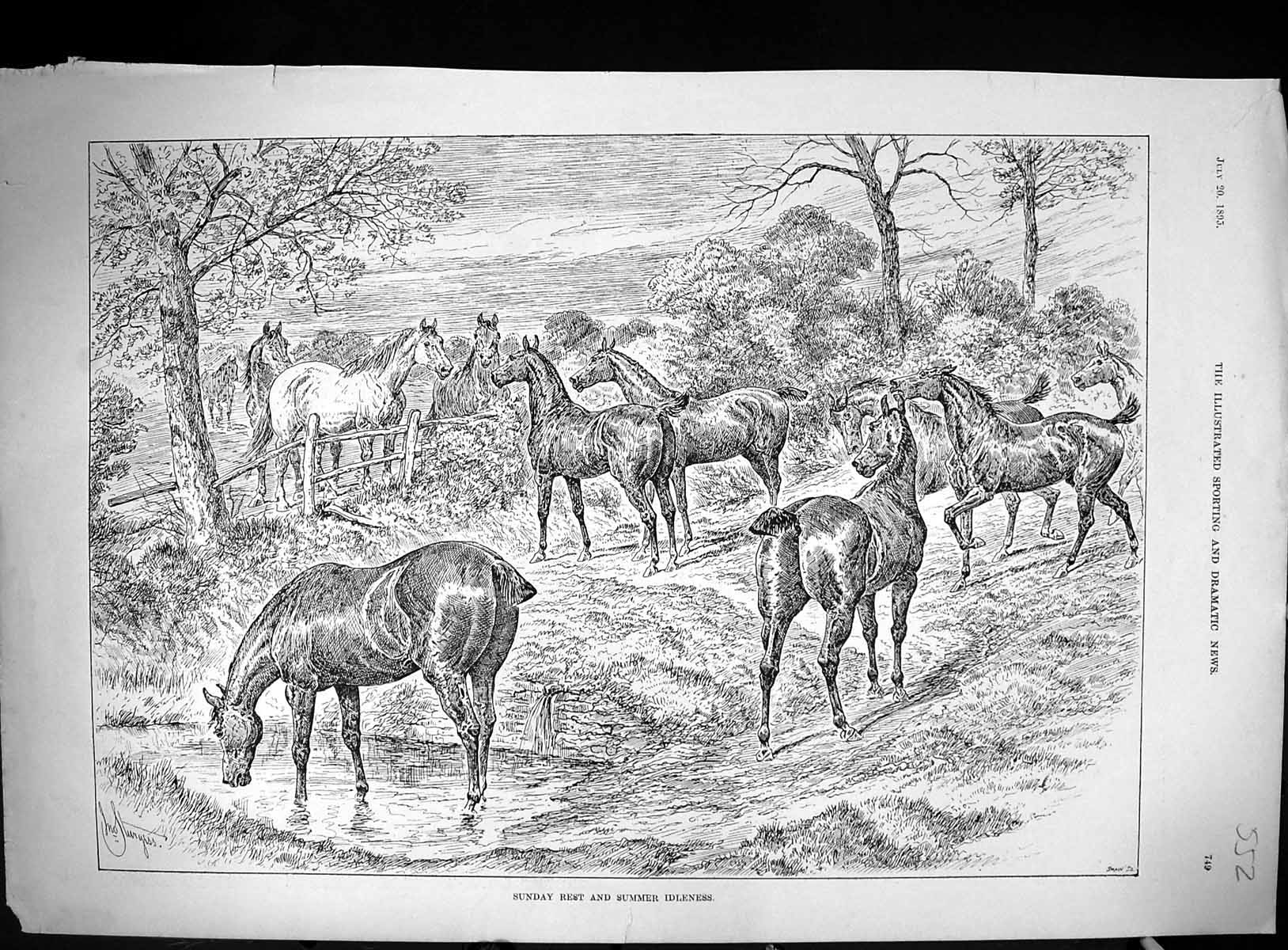 Antique Old Print 1895 Sunday Rest Summer Idleness Horses Meadow Field Swain