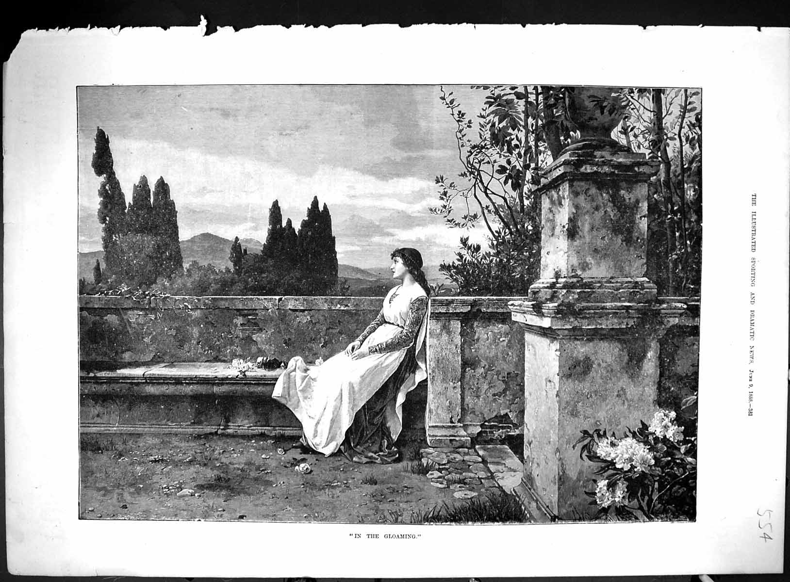 Original Old Antique Print 1888 In The Gloaming Beautiful Woman Garden Scene