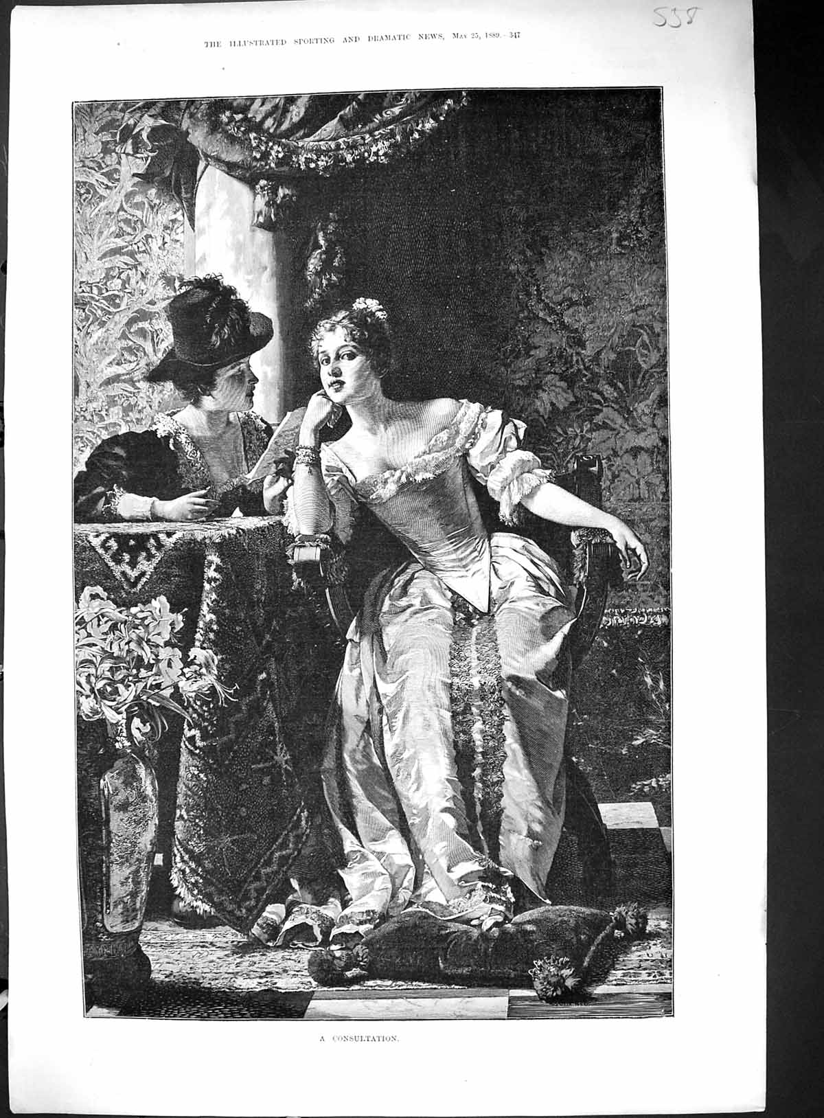 Original Old Antique Print 1889 Consultation Beautiful Ladies Reading Letter