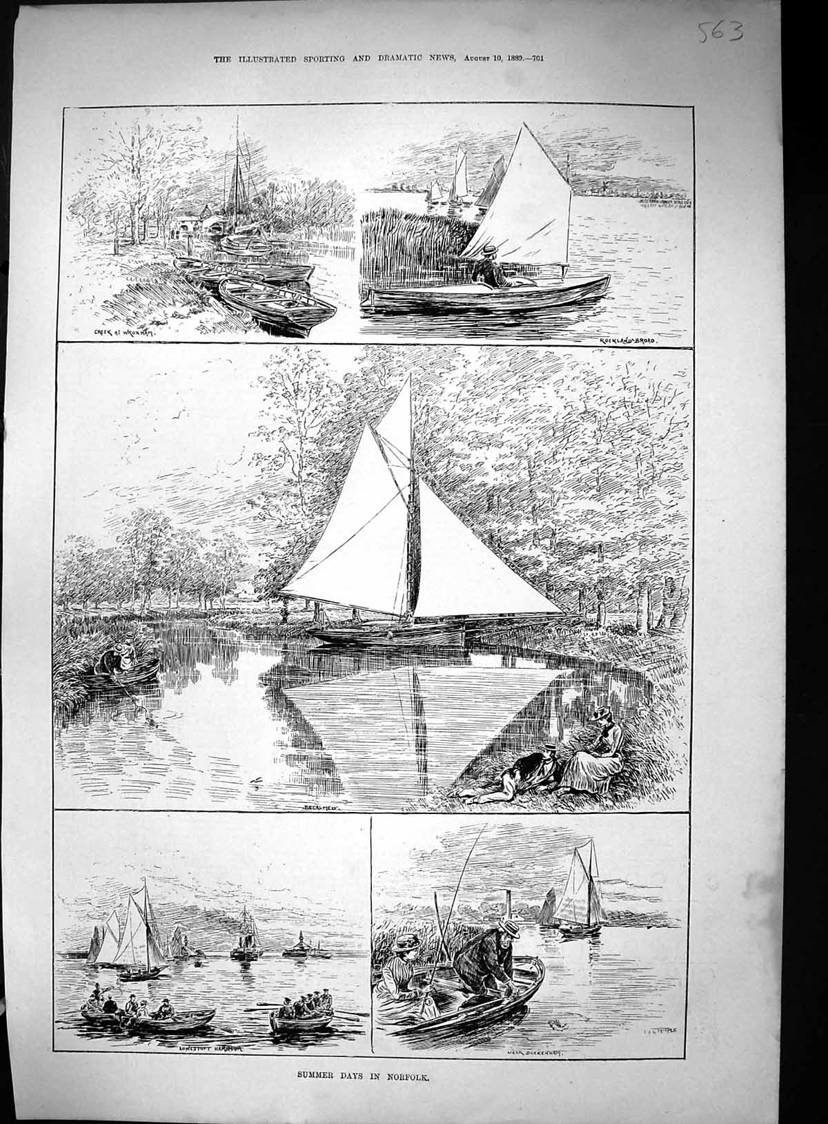 Old 1889 Summer Days Norfolk Borads Sailing Boats Lowestt Harbour Buc Victorian