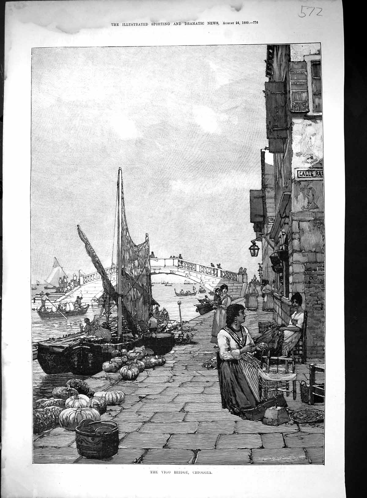 Old 1889 View Vigo Bridge Chioggia River Boats Ladies Industry Wool P Victorian