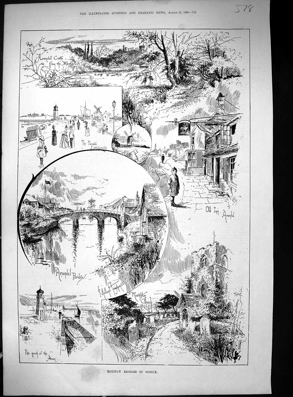 Old 1888 Holiday Resorts Sussex Arundel Castle Rushington Church Ligh Victorian