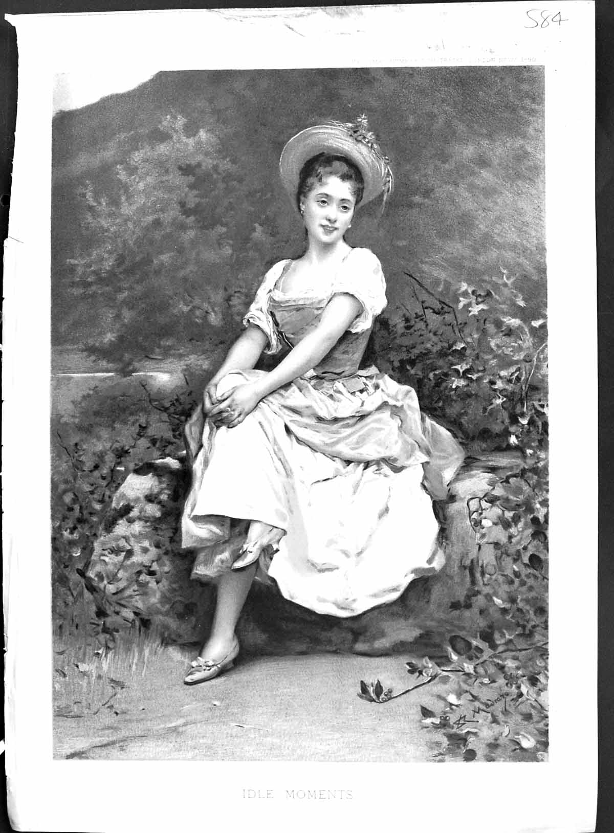 Antique Print Colour Beautiful Woman Sitting Garden Scene Idle Moments 1890