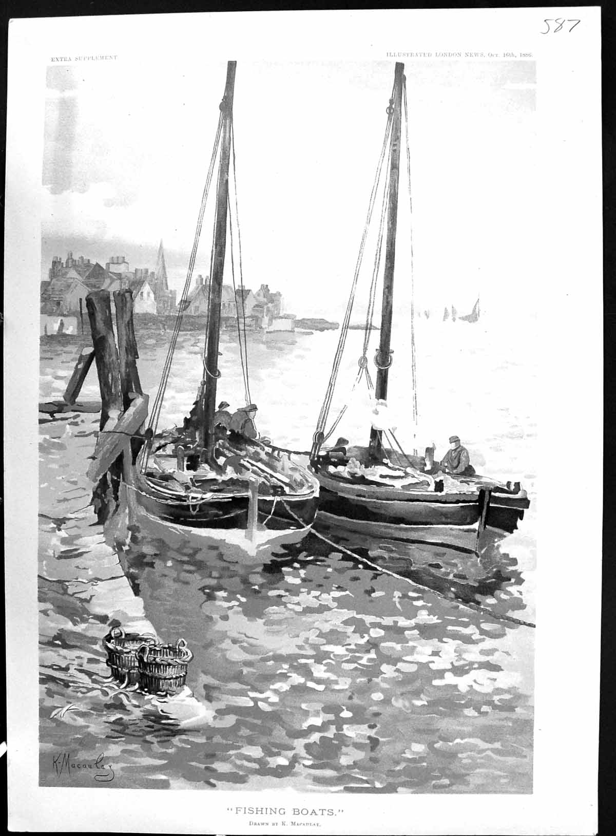Old Antique Print 1886 Macaulay Colour Fishing Boats Fishermen Sea Scene 19th