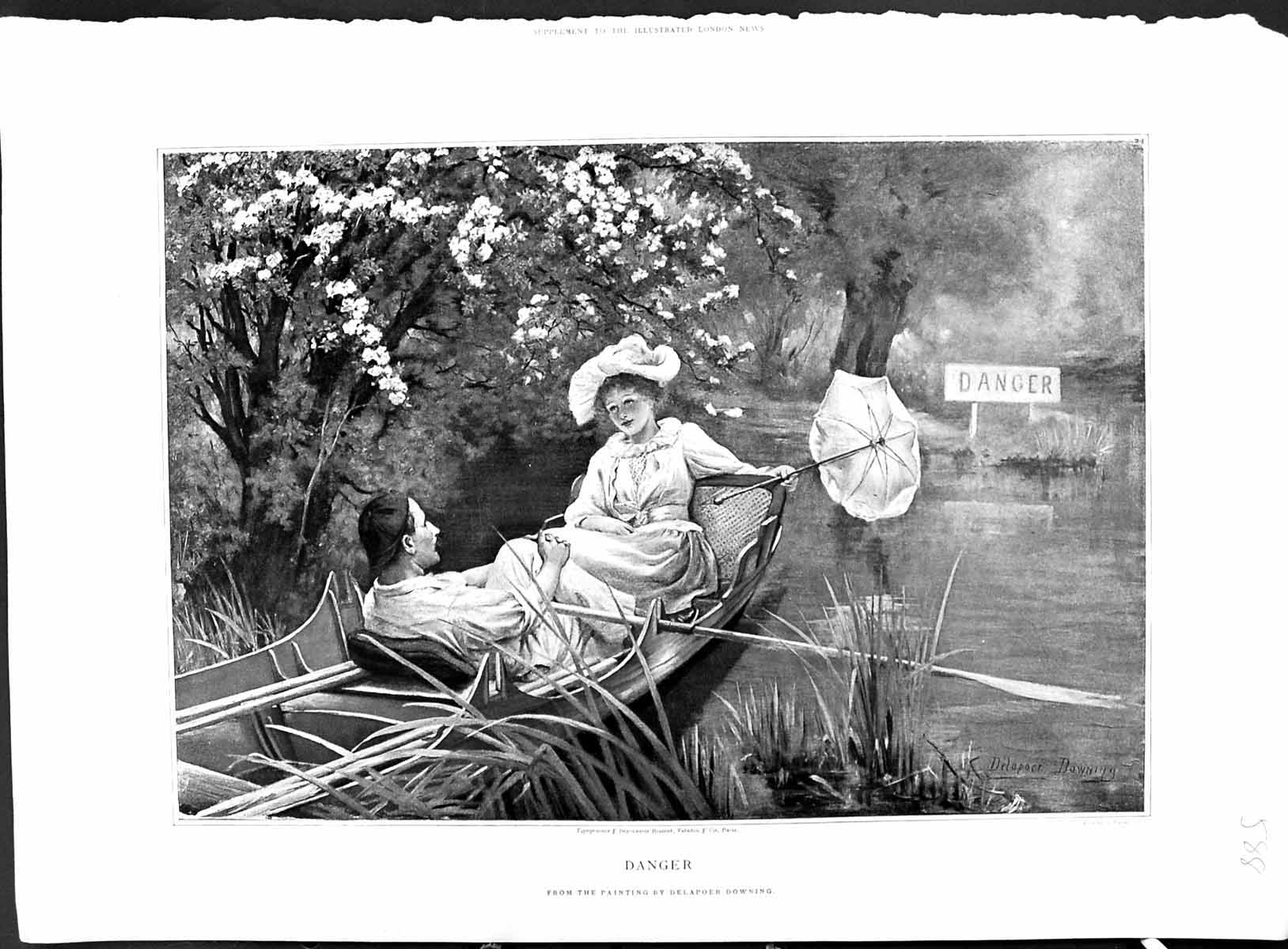 Old Print Colour Danger Sign Man Lady River Boat Romance Delapoer Downing