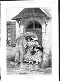 Antique Old Print Colour Rainy Day Ladies Umbrella Pet Dog House Street Scene