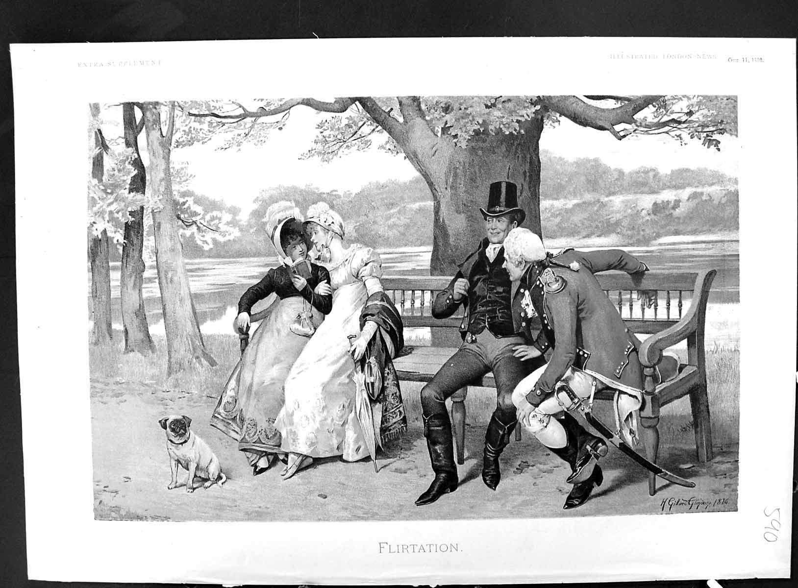 Antique Print 1890 Flirtation Men Ladies Reading Book Sitting Bench Romance