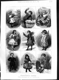 Old Print 1882 Christmas Cards Children Snowballs Misteltoe Toys Crackers 19th