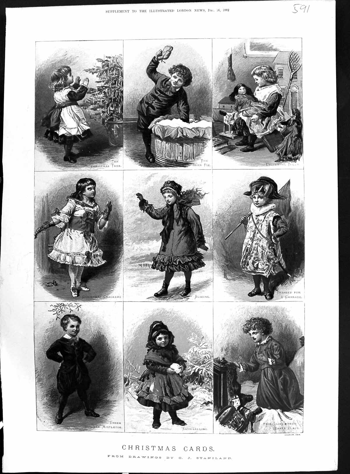 Old Print 1882 Christmas Cards Children Snowballs Misteltoe Toys Crackers 19th