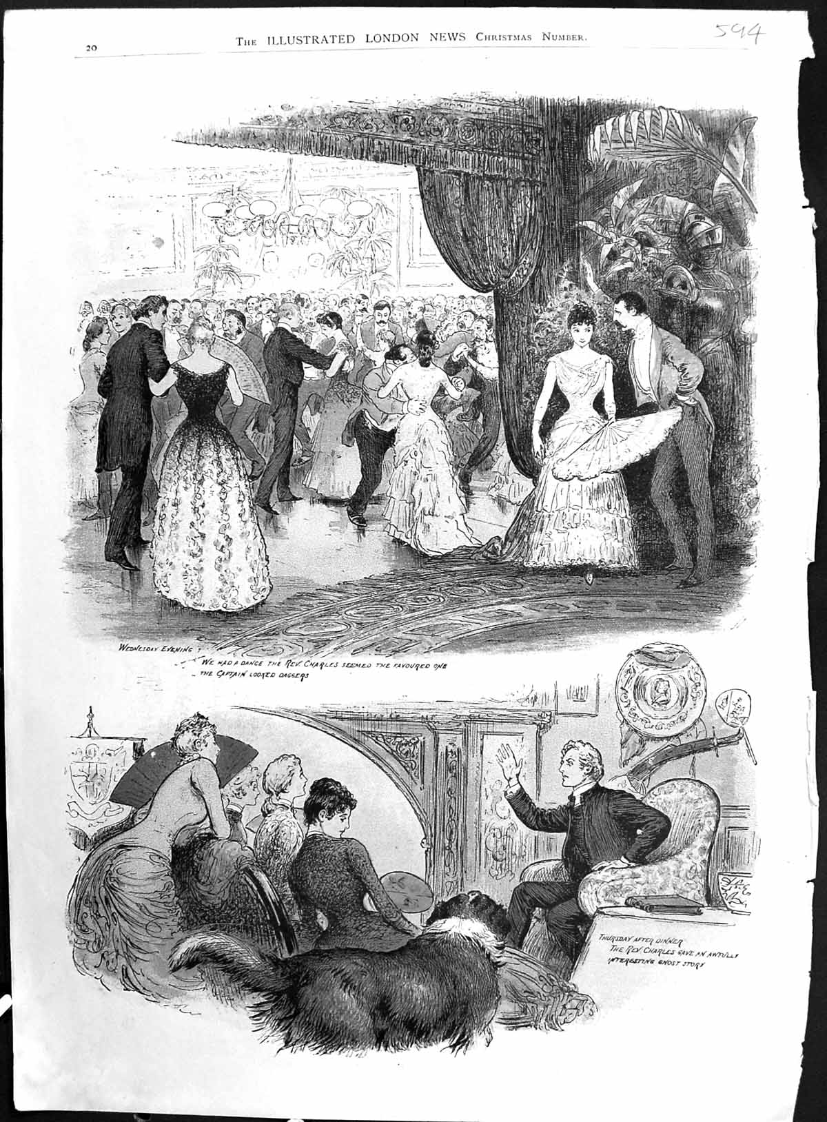Antique Old Print 1884 Colour Dancing Romance Rev. Charles Captain Pet Dog 19th
