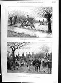 Antique Old Print 1884 Fox Hunting Horses Jumping Brook Hounds Dogs Huntsmen