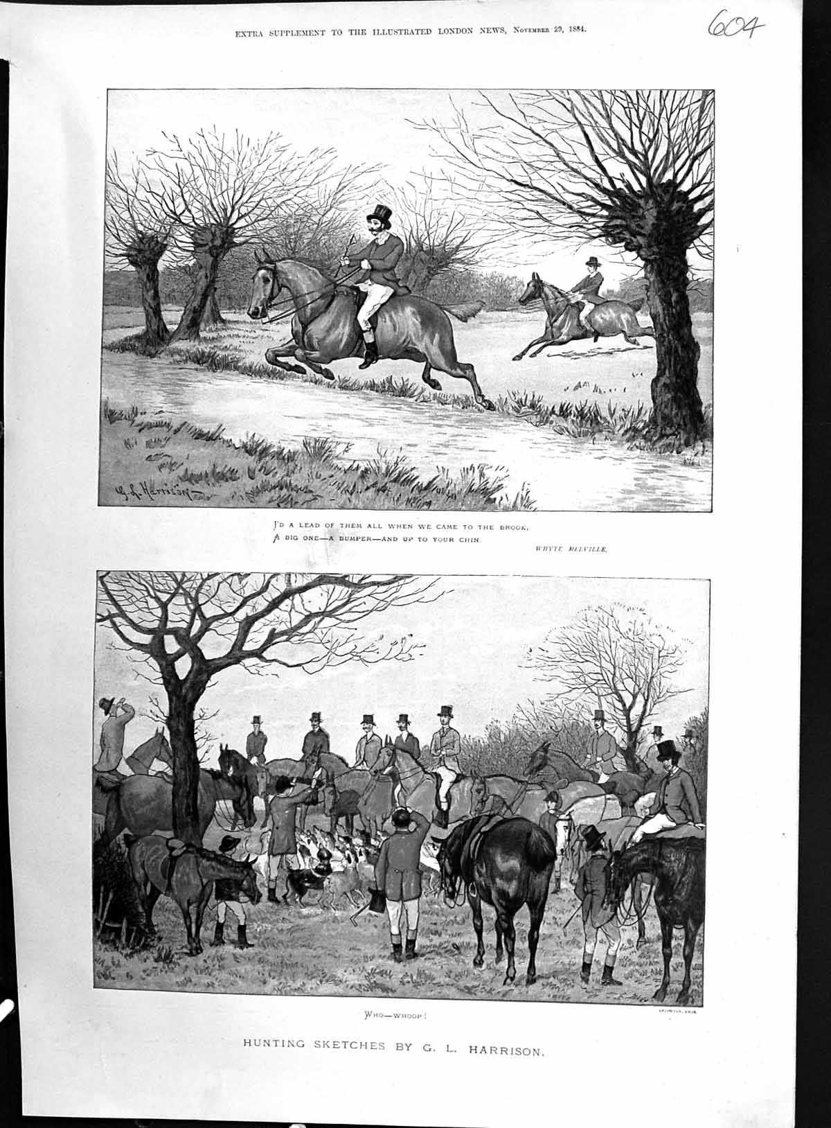 Antique Old Print 1884 Fox Hunting Horses Jumping Brook Hounds Dogs Huntsmen
