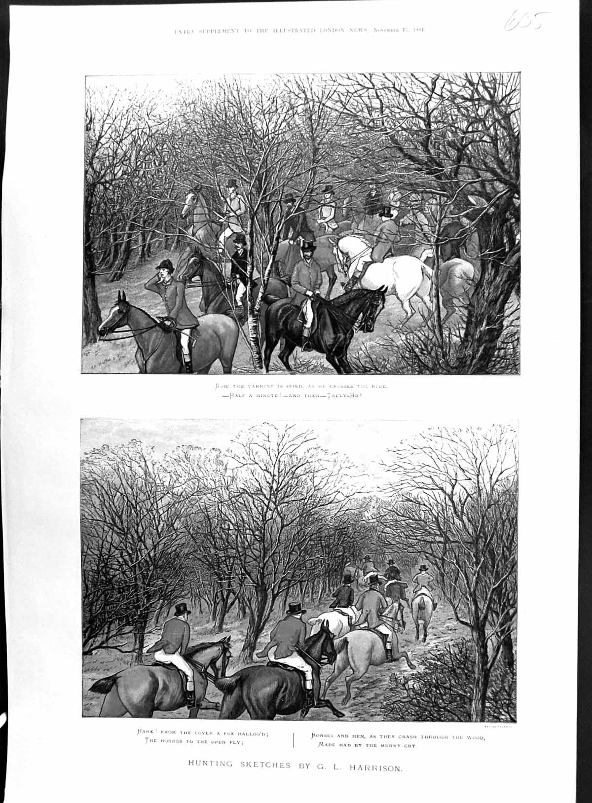 Old Antique Print 1884 Colour Fox Hunting Huntsmen Horses Sport Harrison 19th