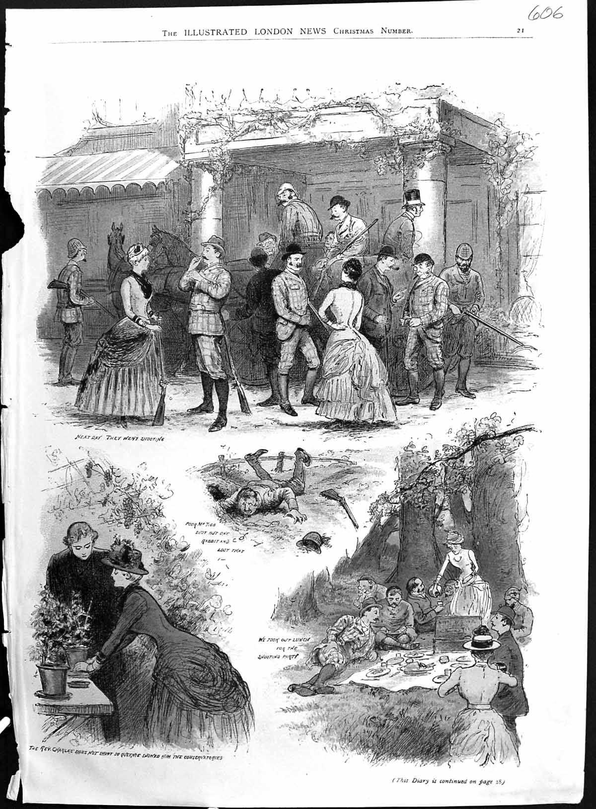 Antique Print 1884 Colour Rabbit Hunting Shooting Picnic Lunch Rev. Charles