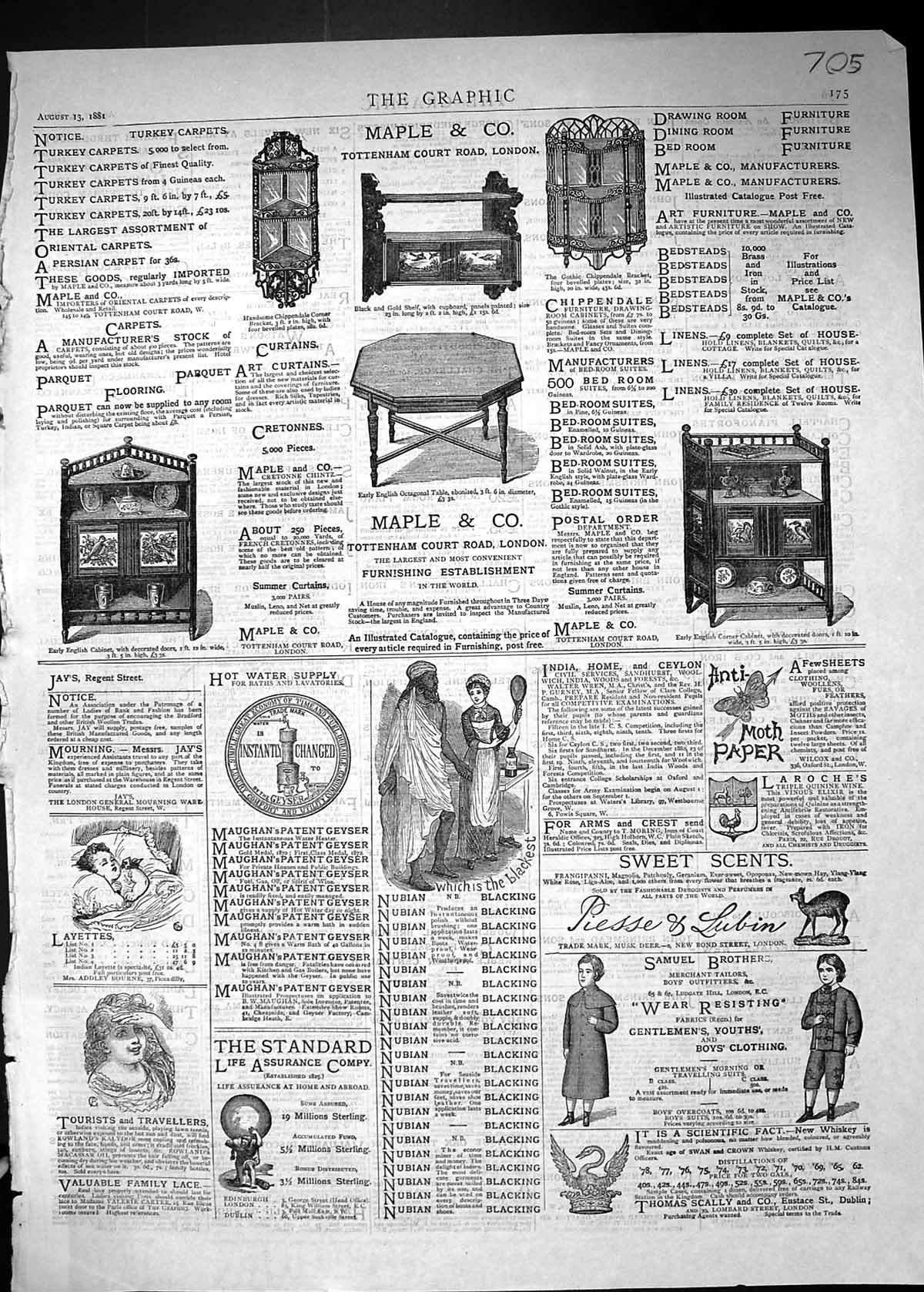 Antique Old Print 1881 Advertisement Maple Furnishings Samuel Life Assurance