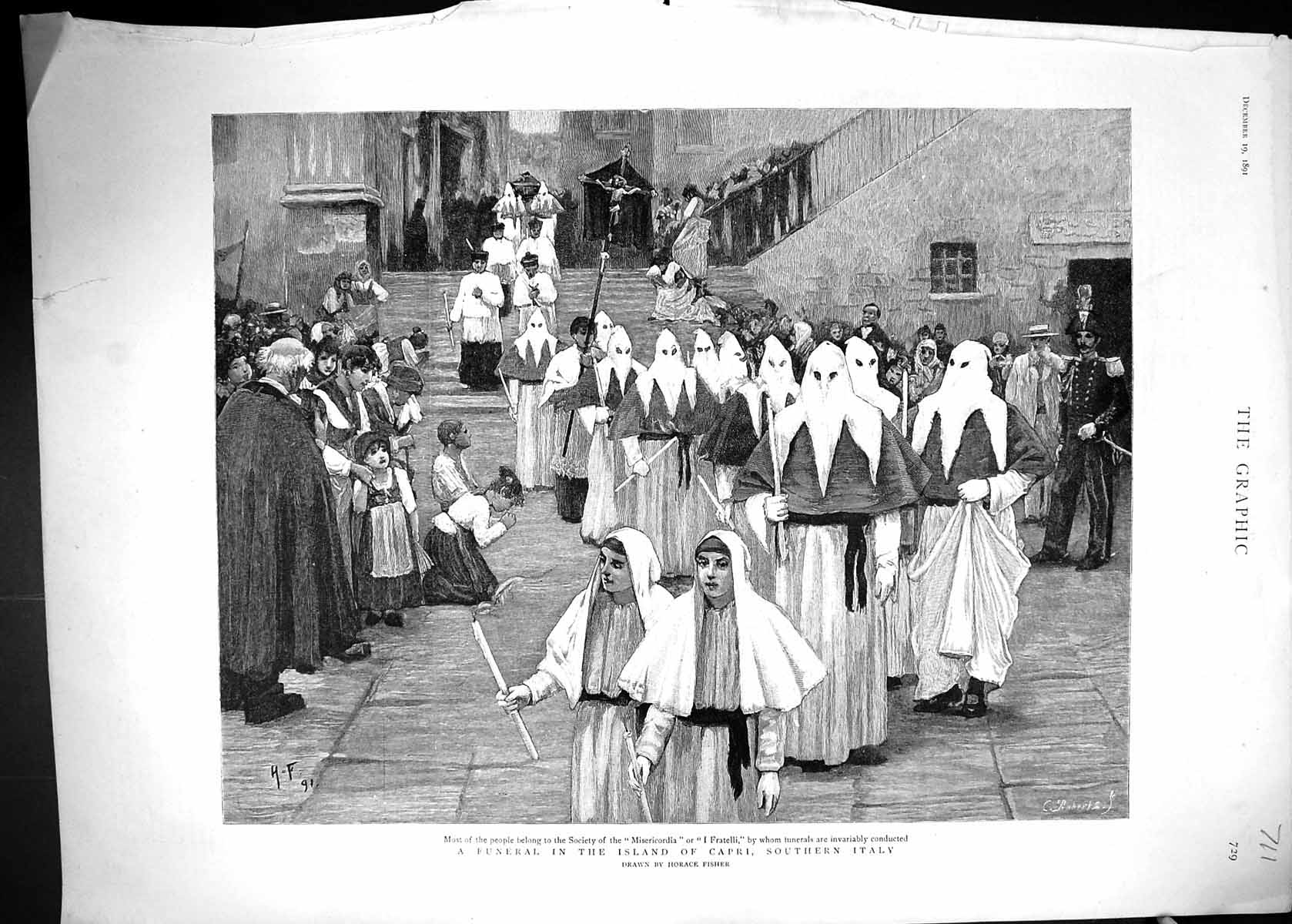 Antique Print 1891 Funeral Island Capri Southern Italy Society Misericordia