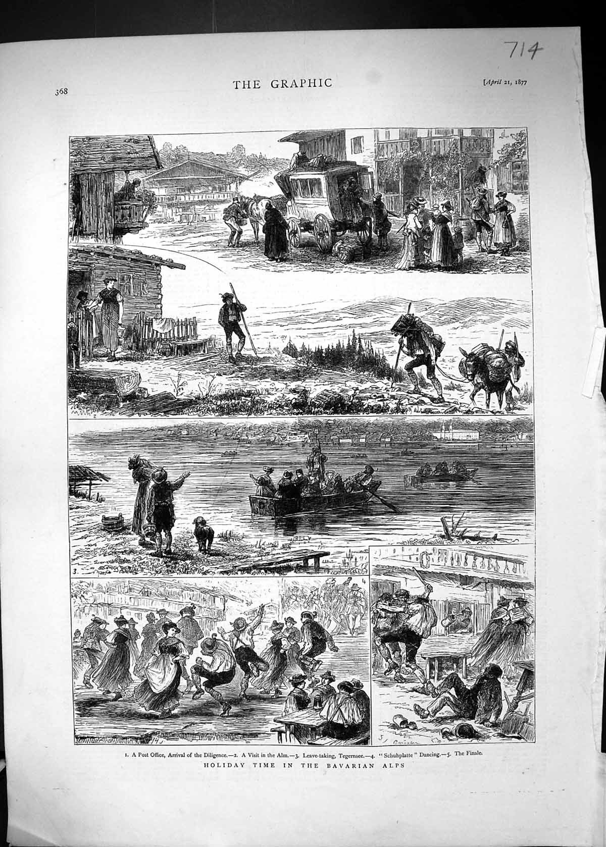 Old Print 1877 Holiday Time Bavarian Alps Post Office Schuhplatte Dancing 19th