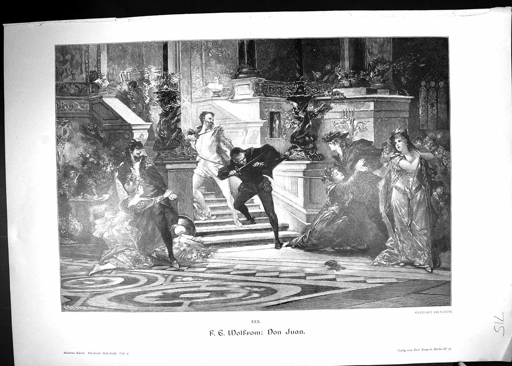 Antique Print Wolfrom Don Juan Sword Fight Ladies Men Battle Berlin Germany