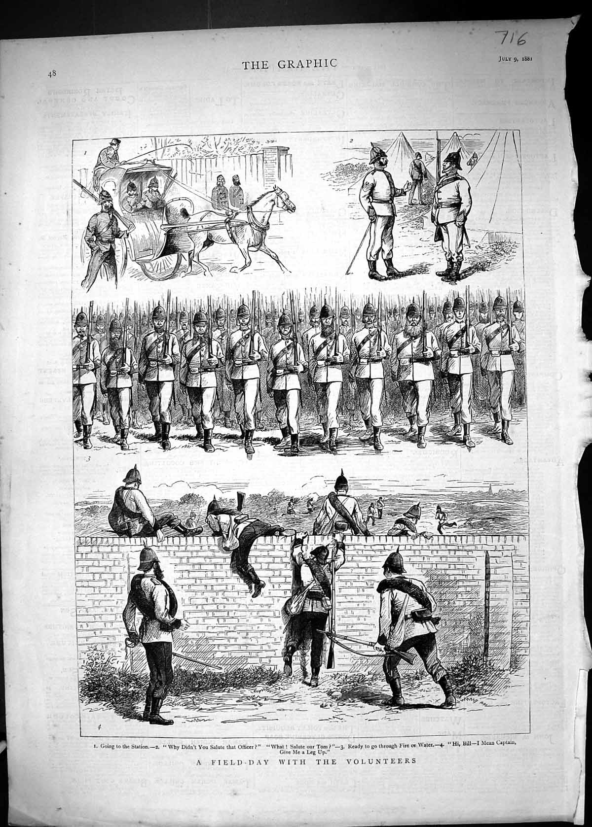 Original Old Antique Print 1881 Field-Day Volunteers Siers War Salute Marching