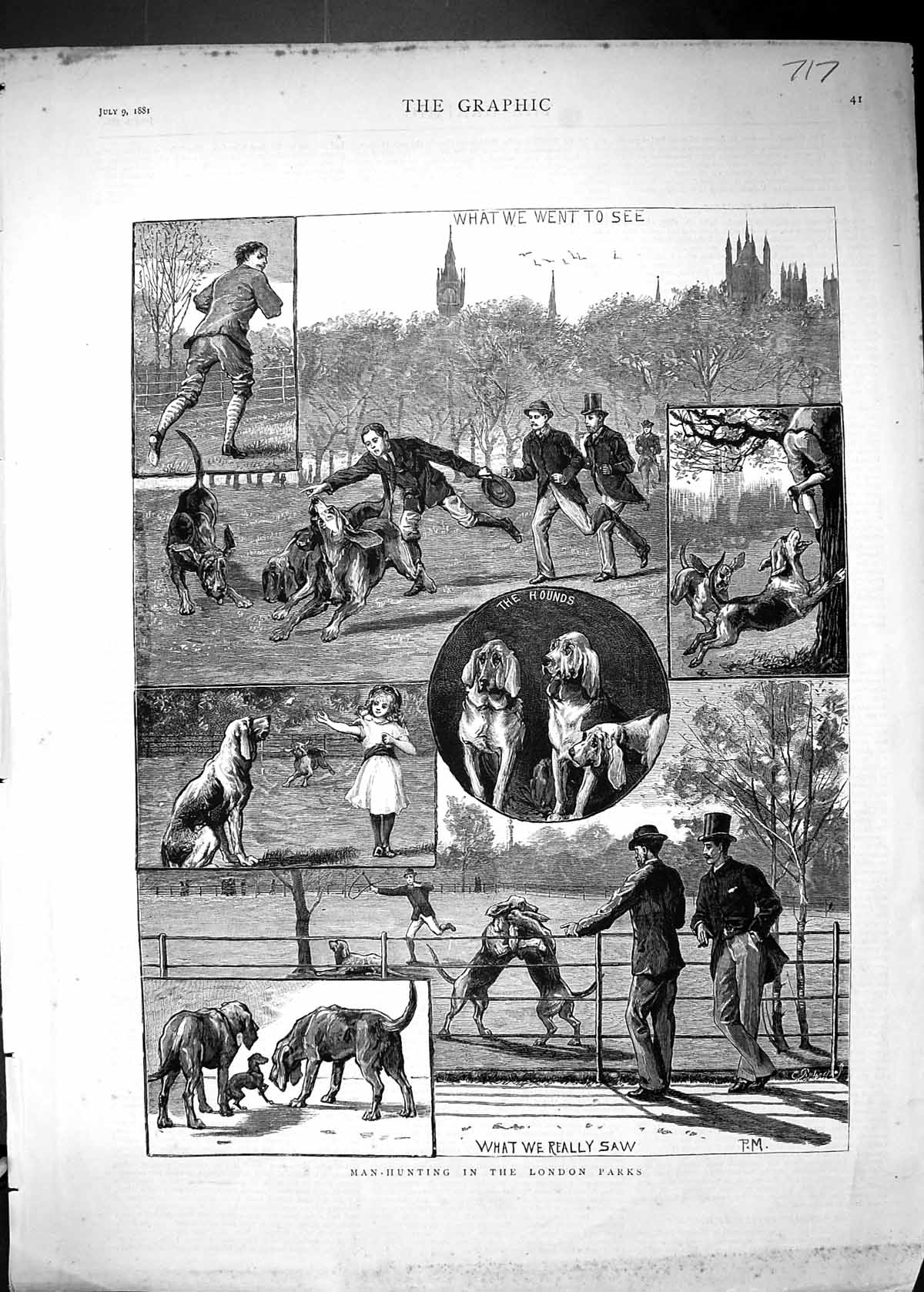 Original Old Antique Print 1881 Man Hunting London Parks Dogs Hounds Comedy