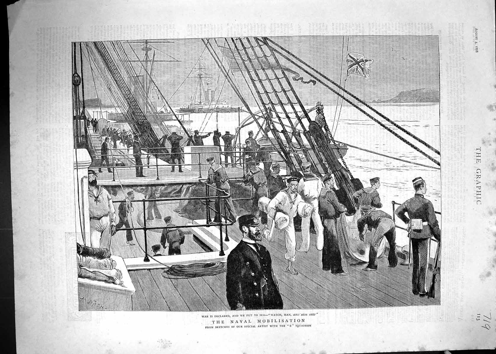 Original Old Antique Print Naval Mobilisation 1888 War Ship Sailors B Squadron