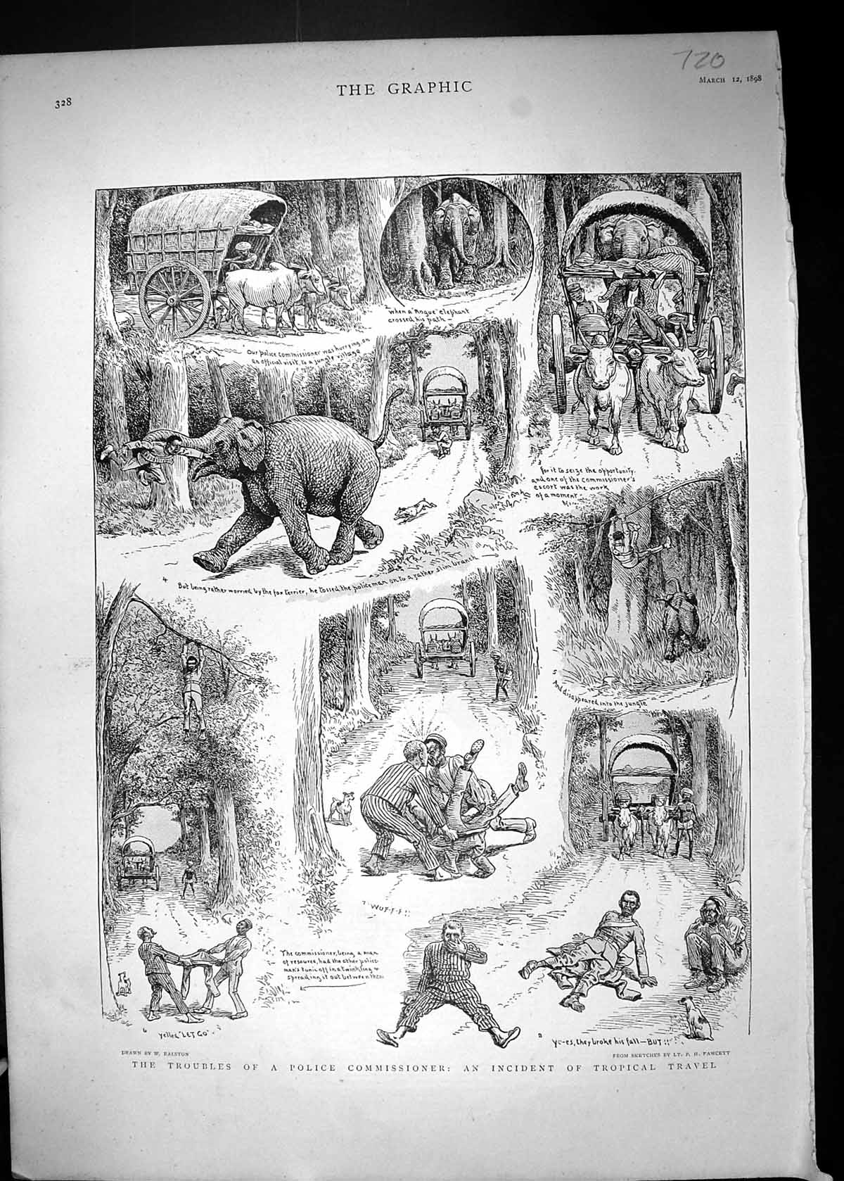 Antique Old Print 1898 Troubles Police Commissioner Tropical Travel Elephant