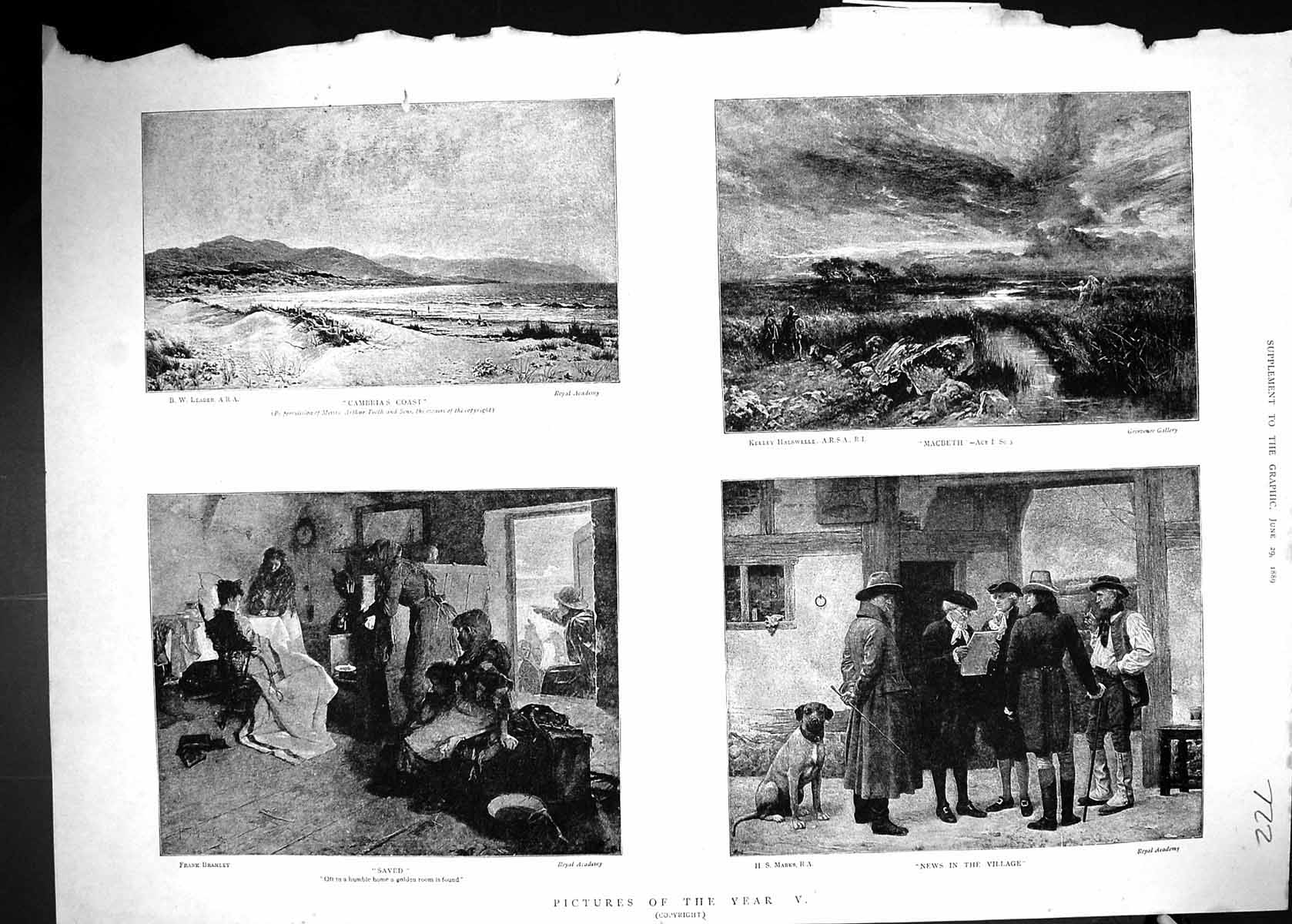 Old Print 1889 Cambria Coast Macbeth Scene Village News Royal Academy Art 19th