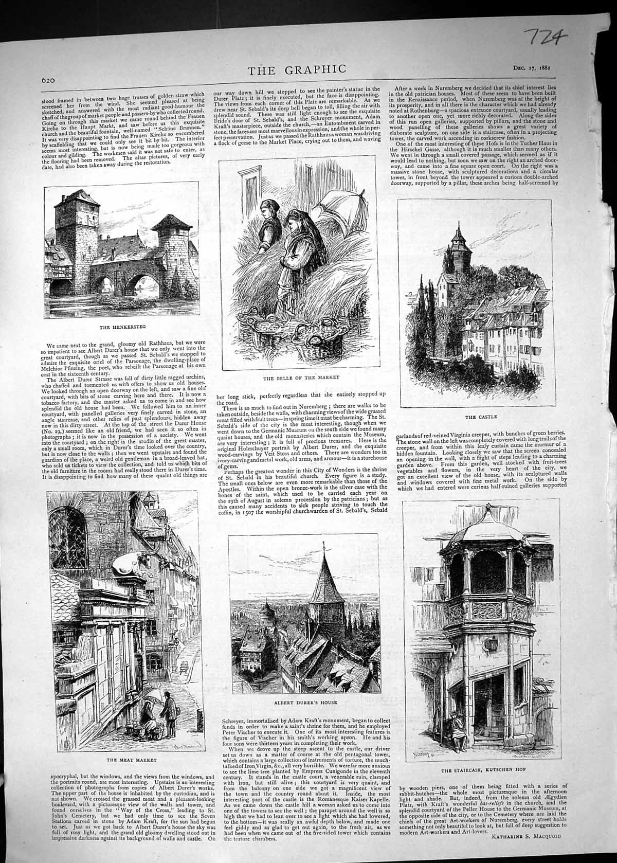 Antique Old Print Castle Henkersteg Albert Durer House Meat Market Kutschen H