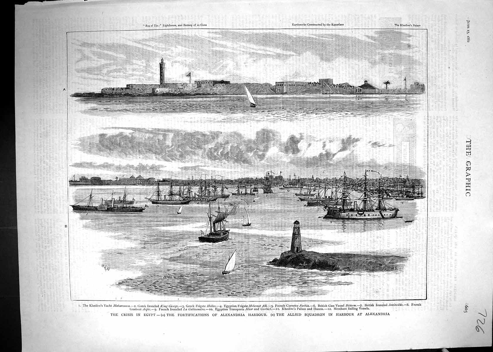 Old 1882 Egypt Fortifications Alexandria Harbour Ship Maharoussa Hell Victorian