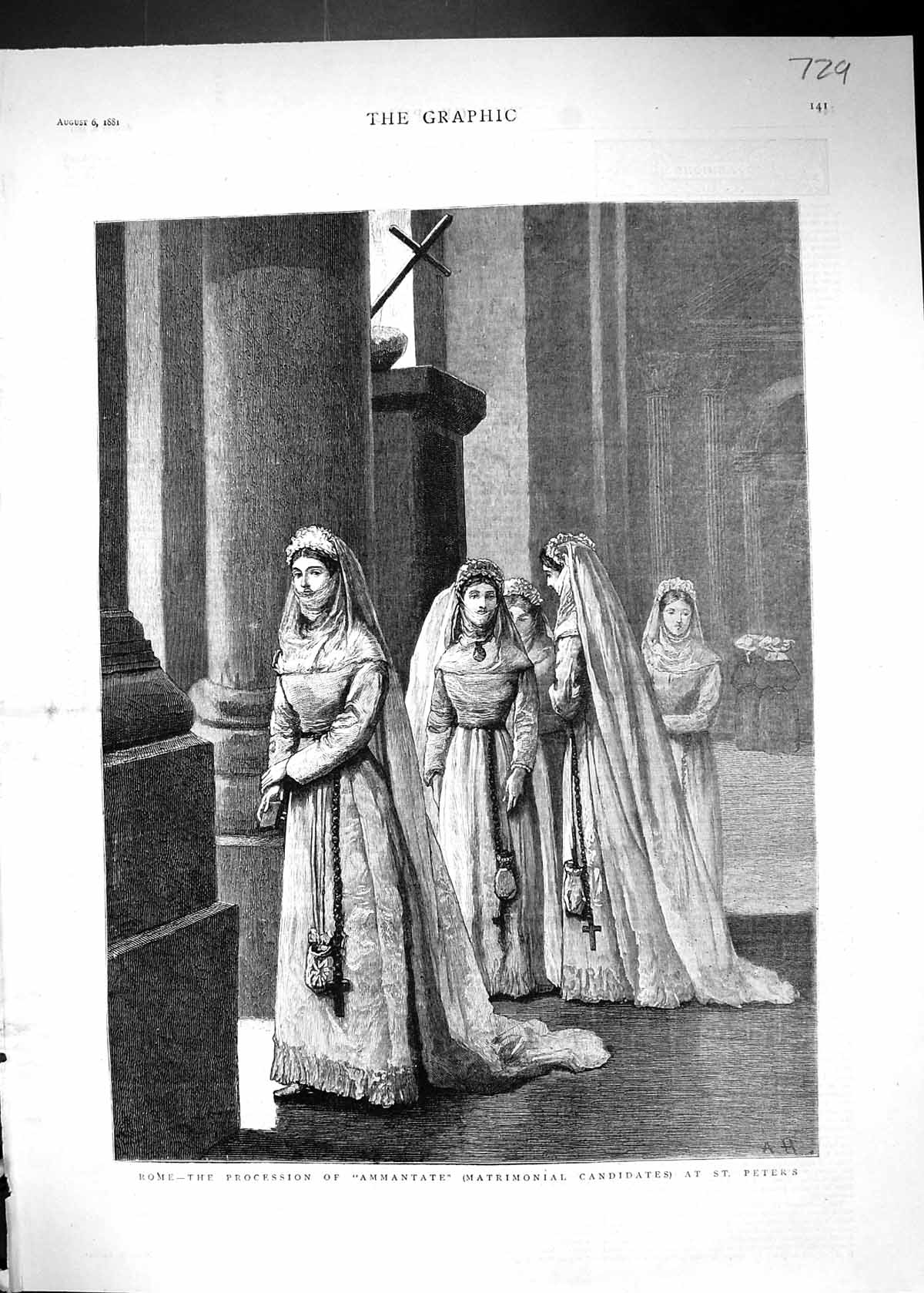 Old 1881 Rome Procession Ammantate Matrimonial Candidates St. Peters Victorian