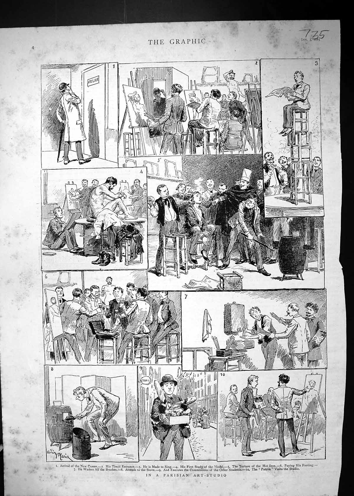 Original Old Antique Print 1885 Paris Art Studio France Model Hot Iron Brushes