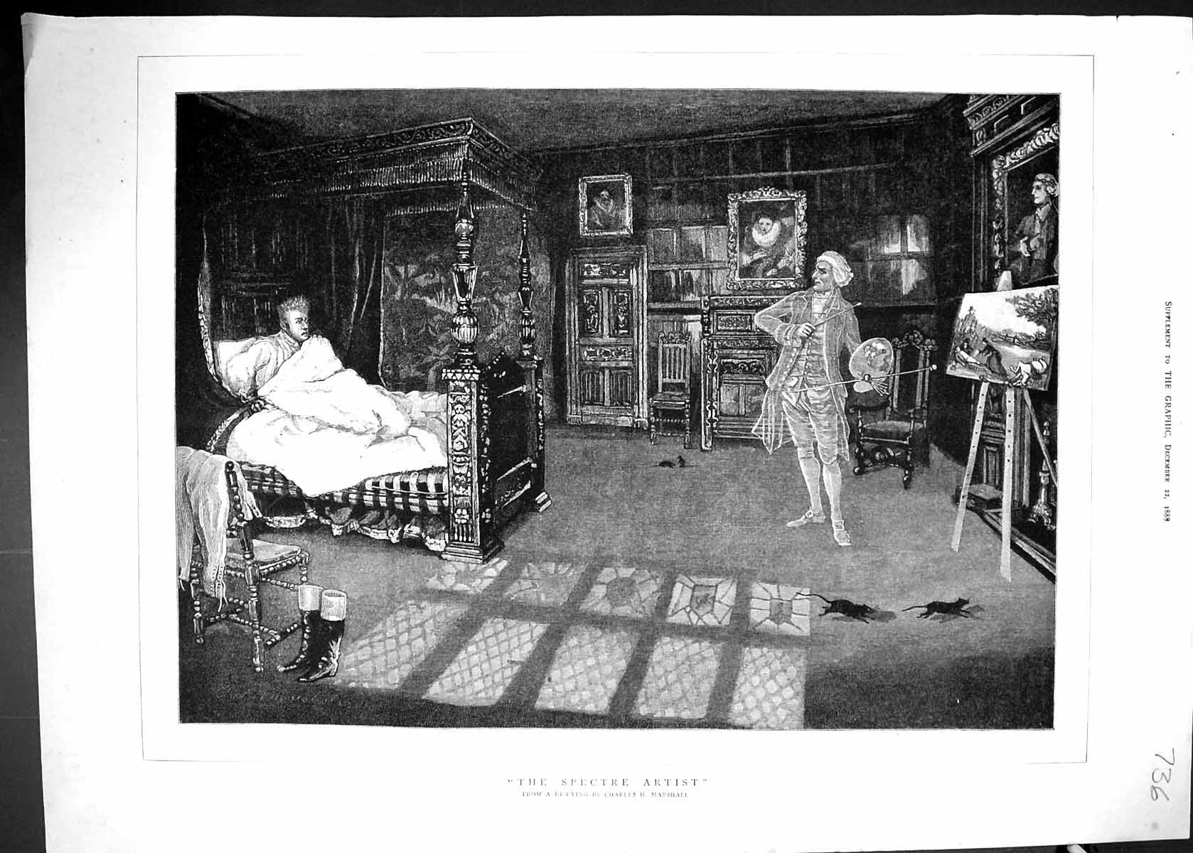 Antique Old Print 1888 Spectre Artist Painting Man Bedroom Charles Marshall