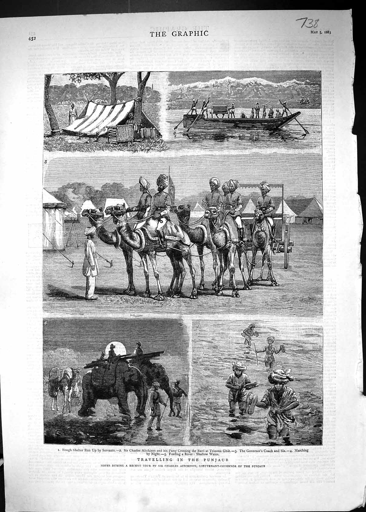 Antique Print 1883 Travelling Punjaub Charles Aitchison Trimmu Ghat Camels 19th