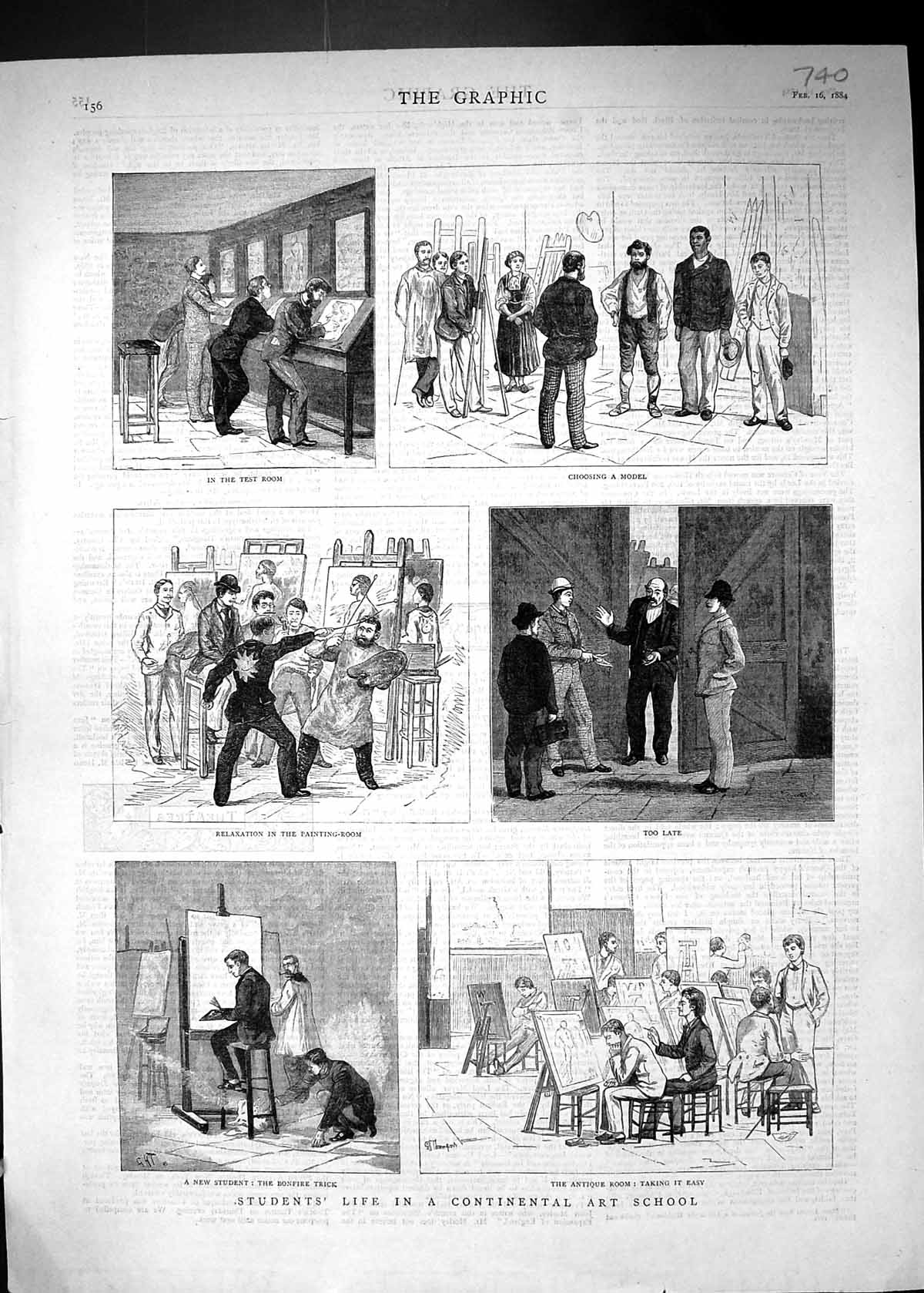 Old Antique Print 1884 Students Life Continental Art School Bonfire Trick 19th