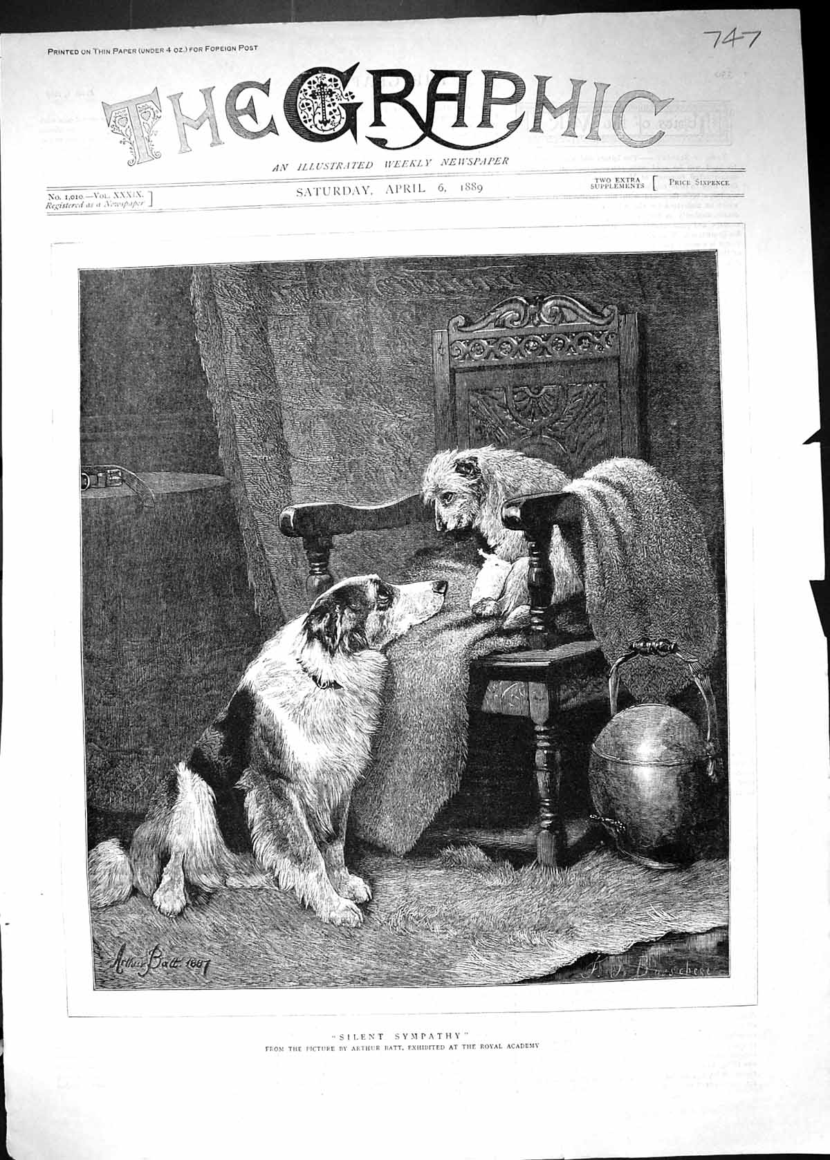 Original Old Antique Print 1889 Silent Sympathy Puppy Dogs Chair Arthur Batt