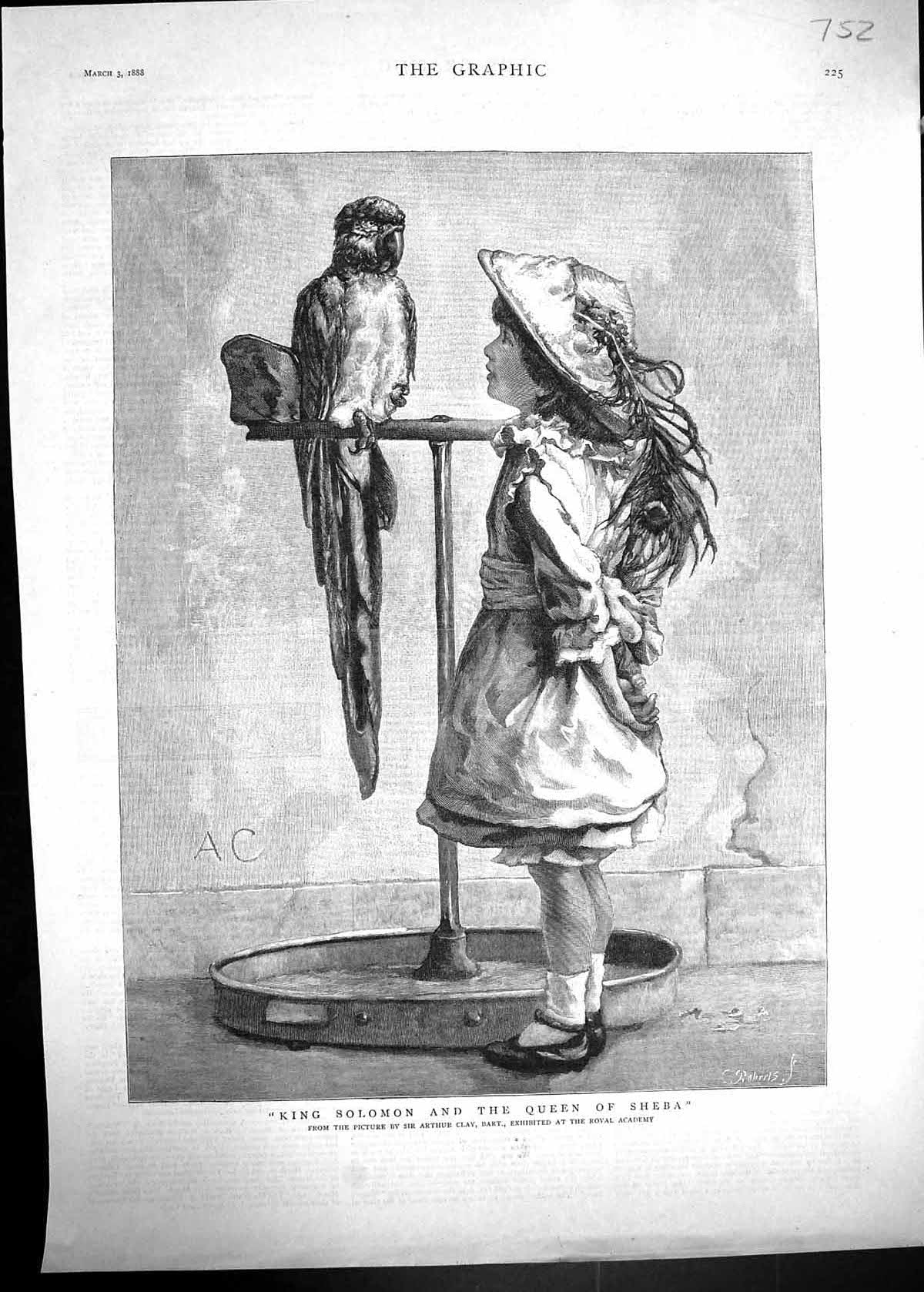 Antique Print 1888 King Solomon Queen Sheba Little Girl Parrot Arthur Clay 19th