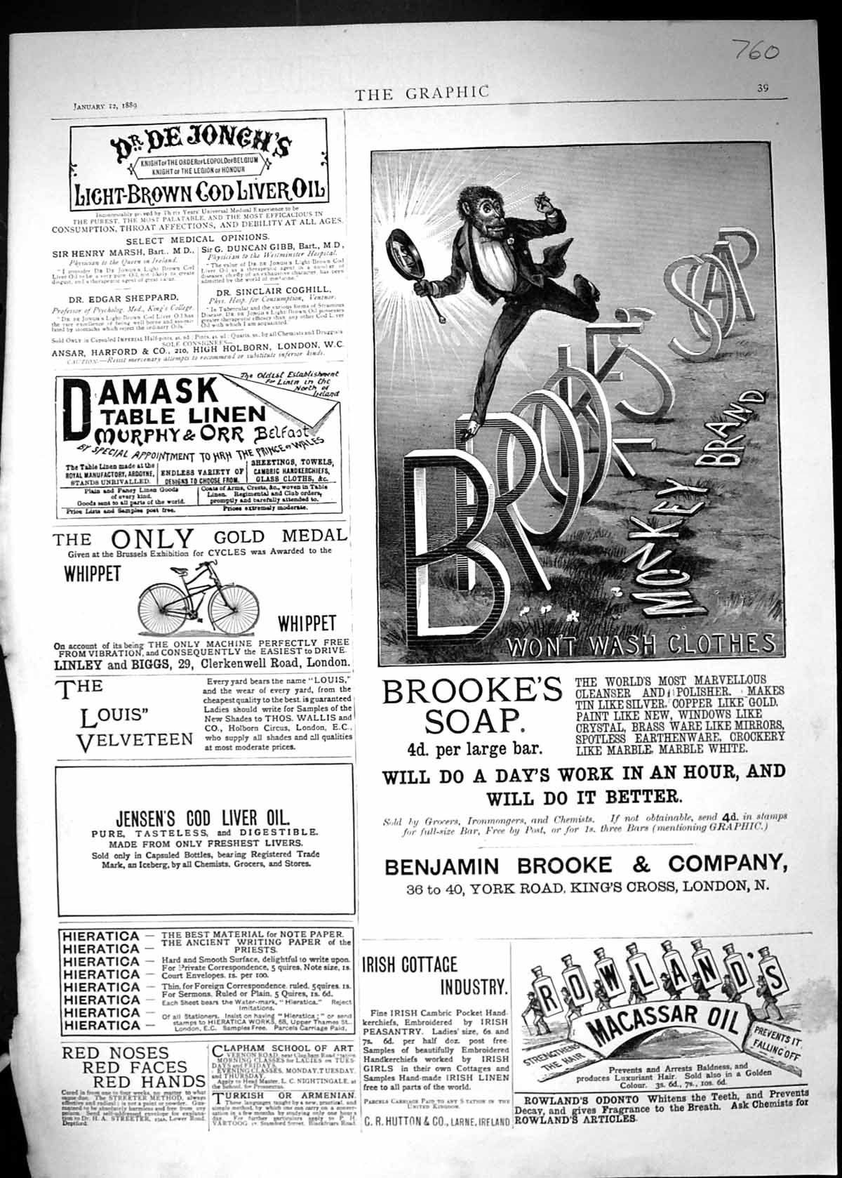 Antique Old Print 1889 Advertisement Brooke'S Monkey Brand Soap Rowlands Oil