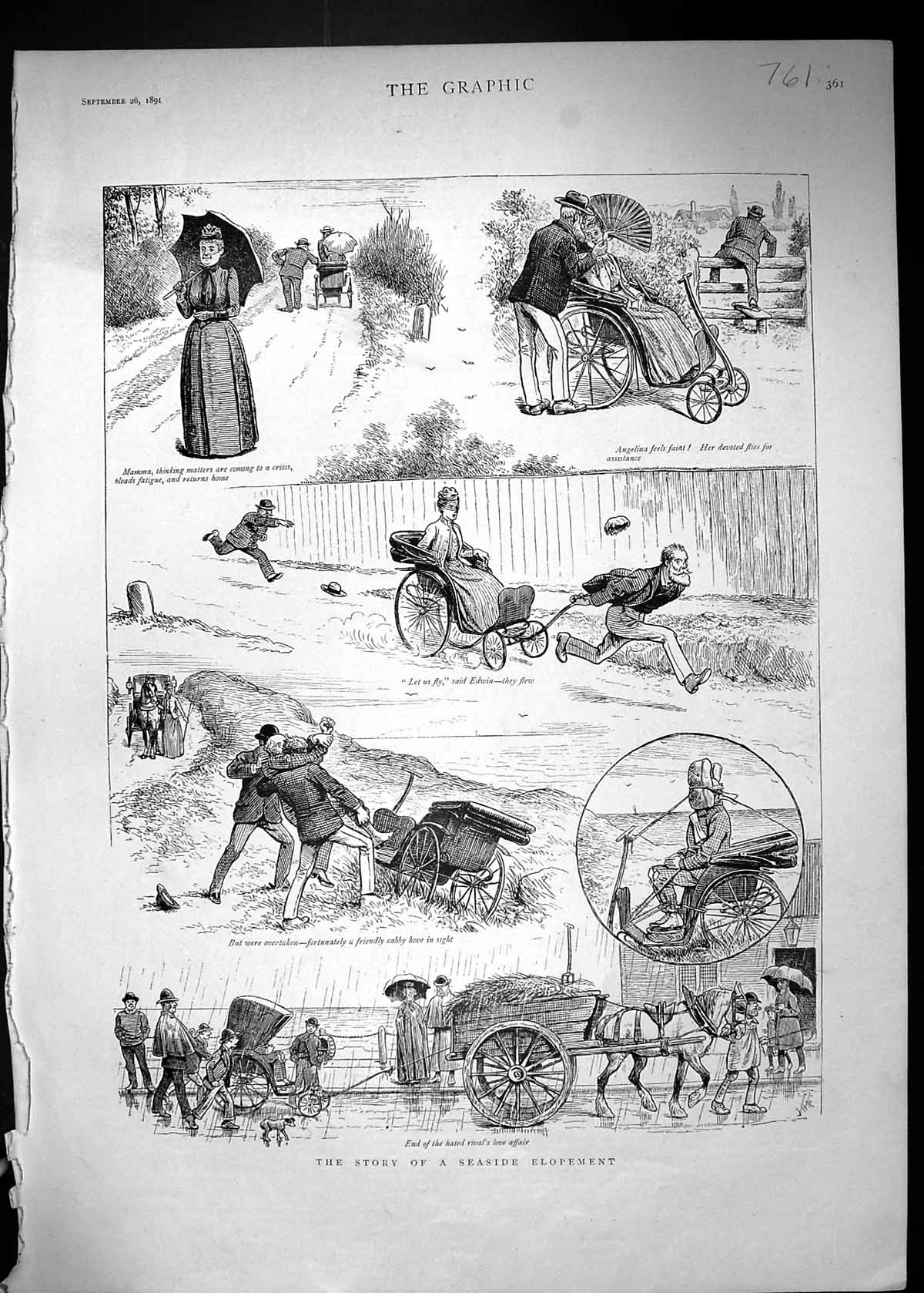 Antique Old Print 1891 Seaside Elopement Romance Love Affair Angelina Edwin