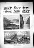 Antique Print 1886 Norway Vossevangen Eide Hardanger Folgefonden Naerofjord