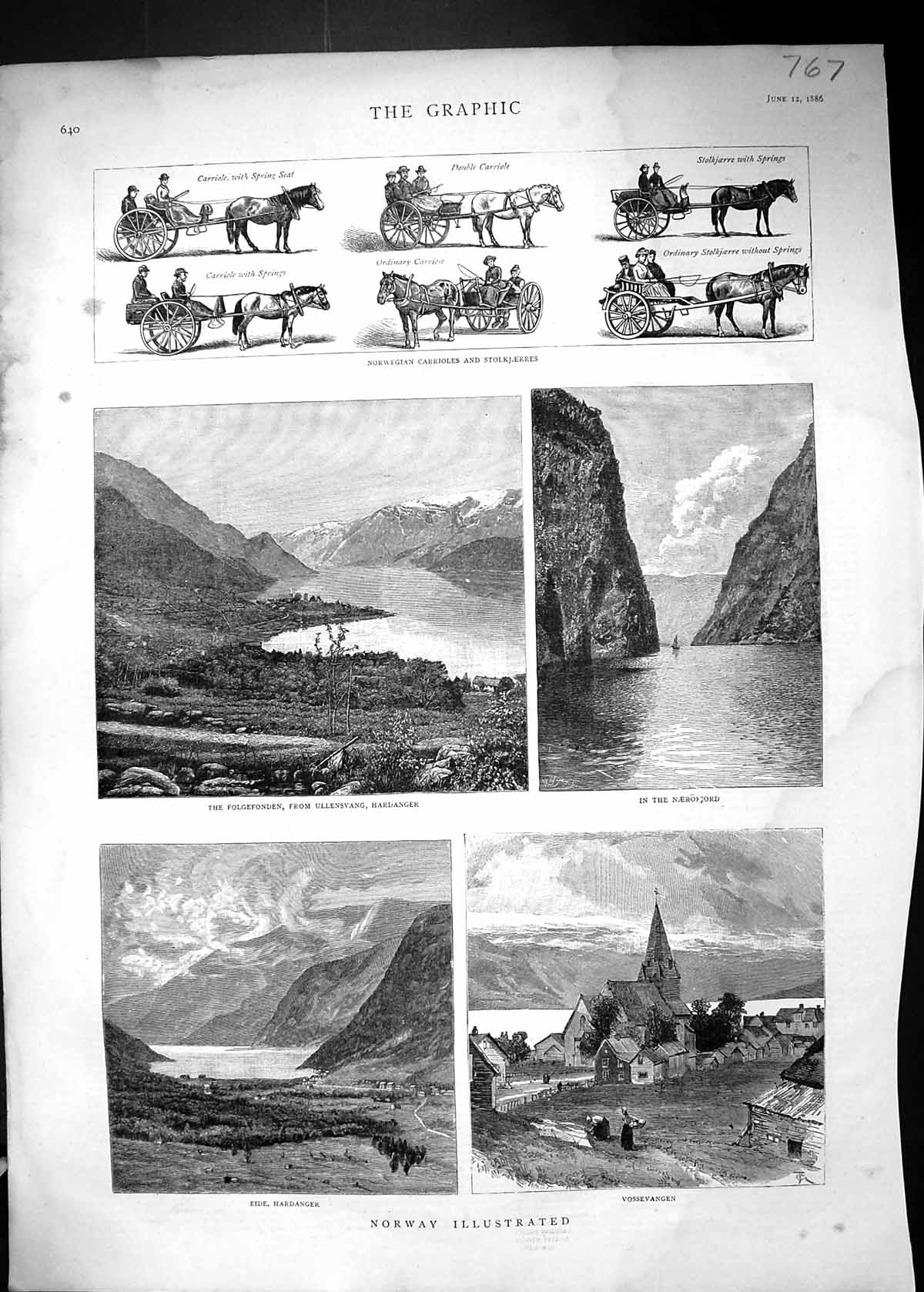 Antique Print 1886 Norway Vossevangen Eide Hardanger Folgefonden Naerofjord