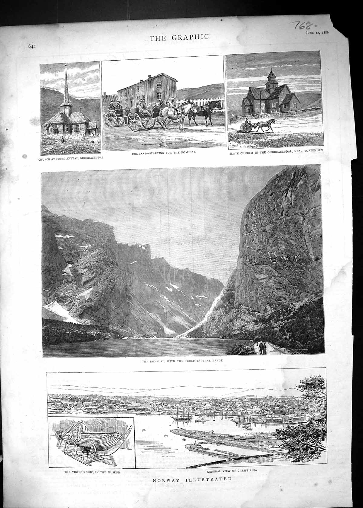 Antique Print 1886 Norway Romsdal Trtinderne Christiania Viking Ship Church