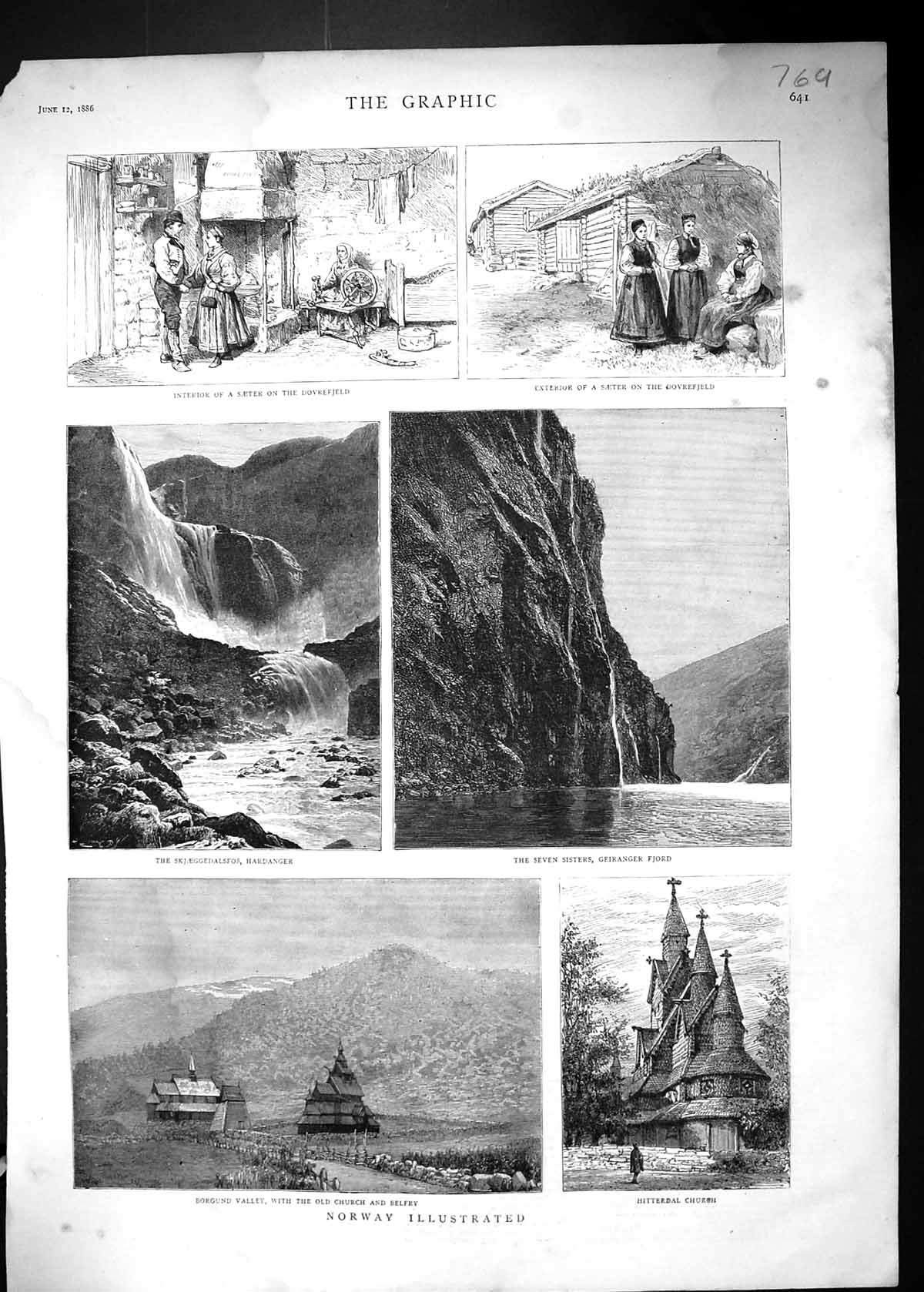 Old 1886 Norway Borgund Valley Church Seven Sisters Geiranger Fjord D Victorian