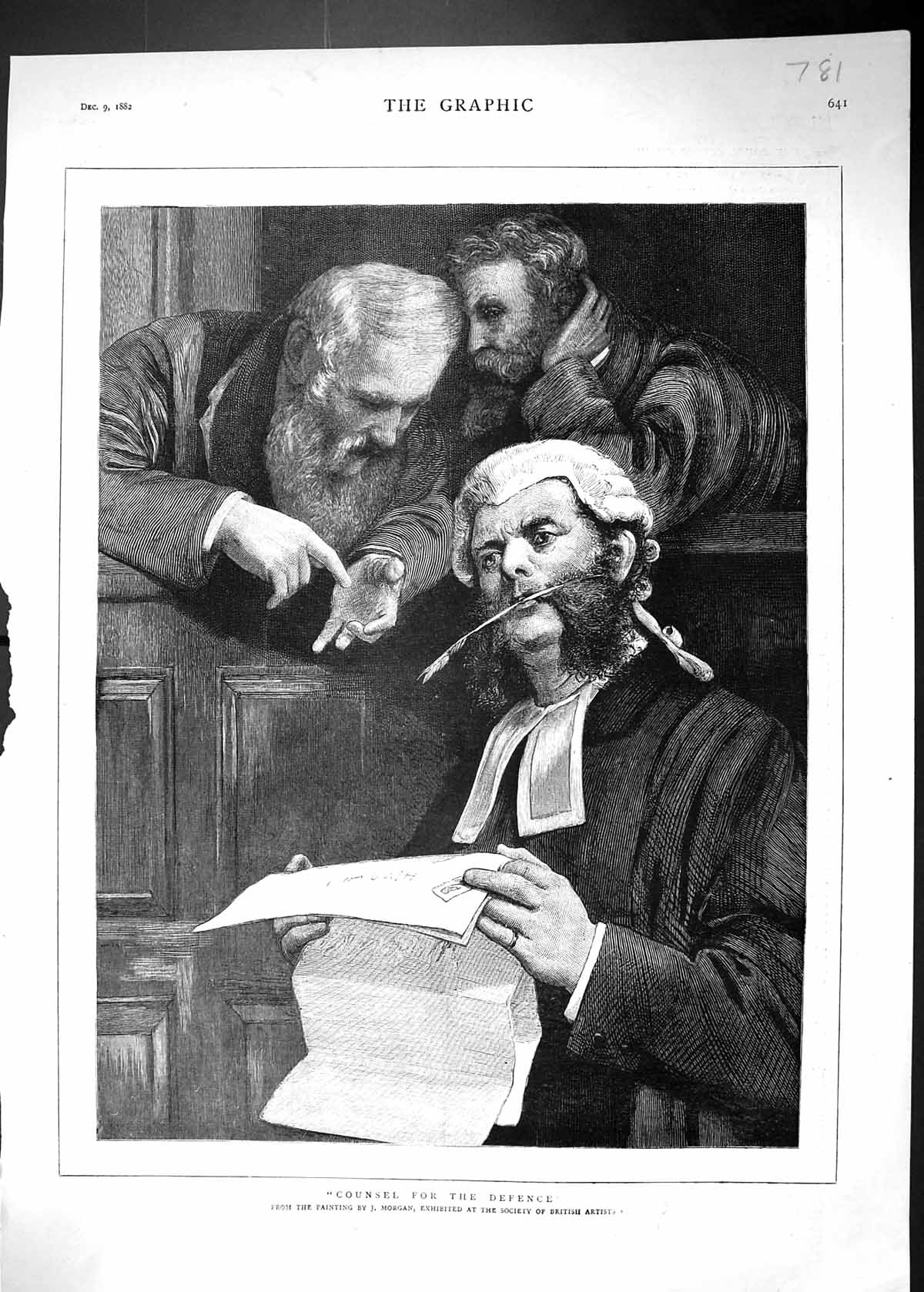Original Old Antique Print 1882 Counsel Defence Court Room Scene Morgan 19th