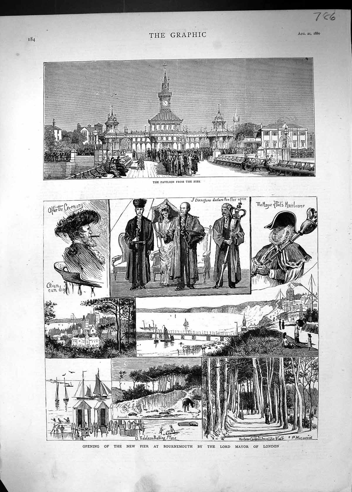 Antique Old Print 1880 Opening Pier Bournemouth Lord Mayor London Pavilion 19th