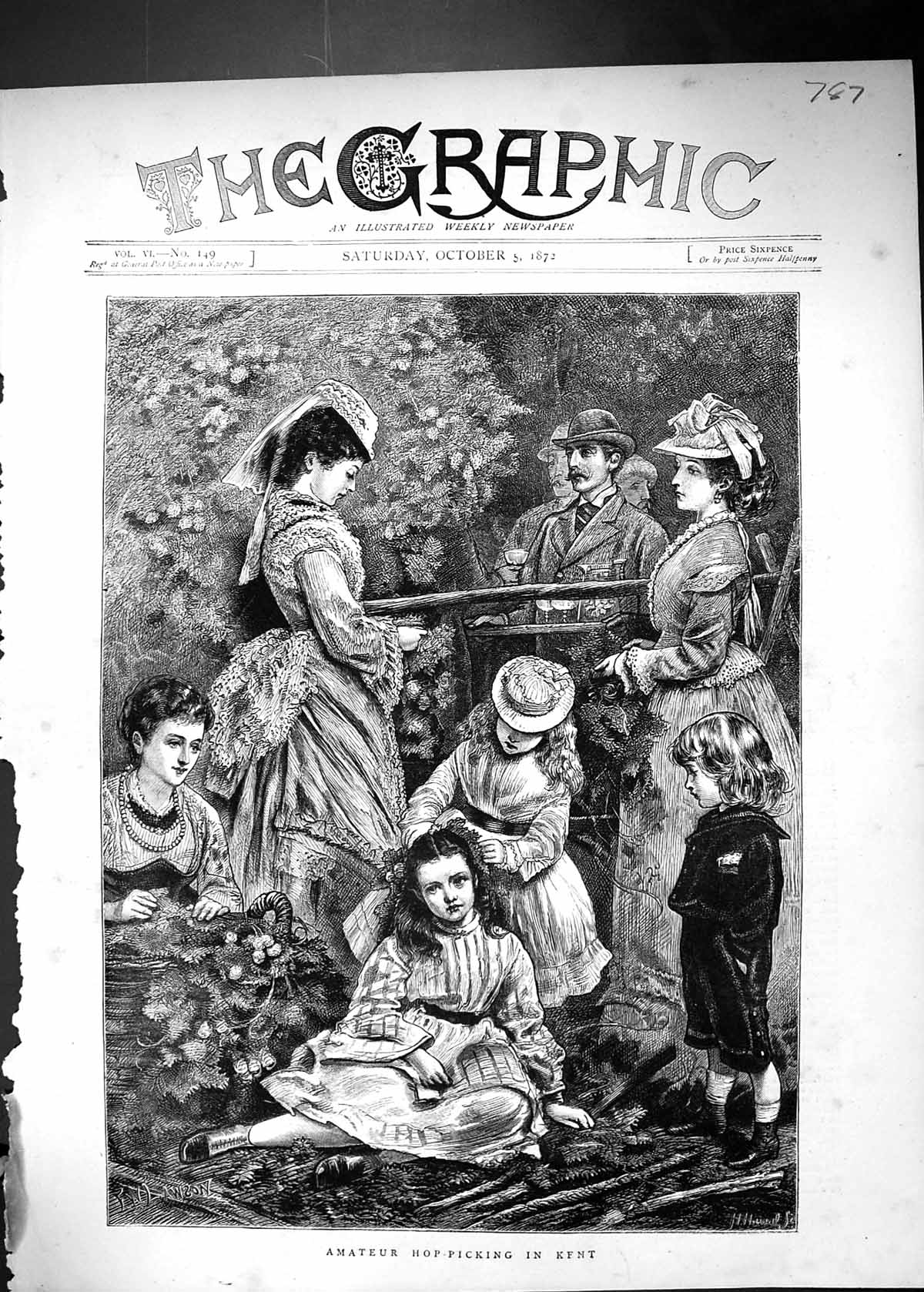 Antique Old Print Lawson 1872 Amateur Hop-Picking Kent England Agriculture 19th