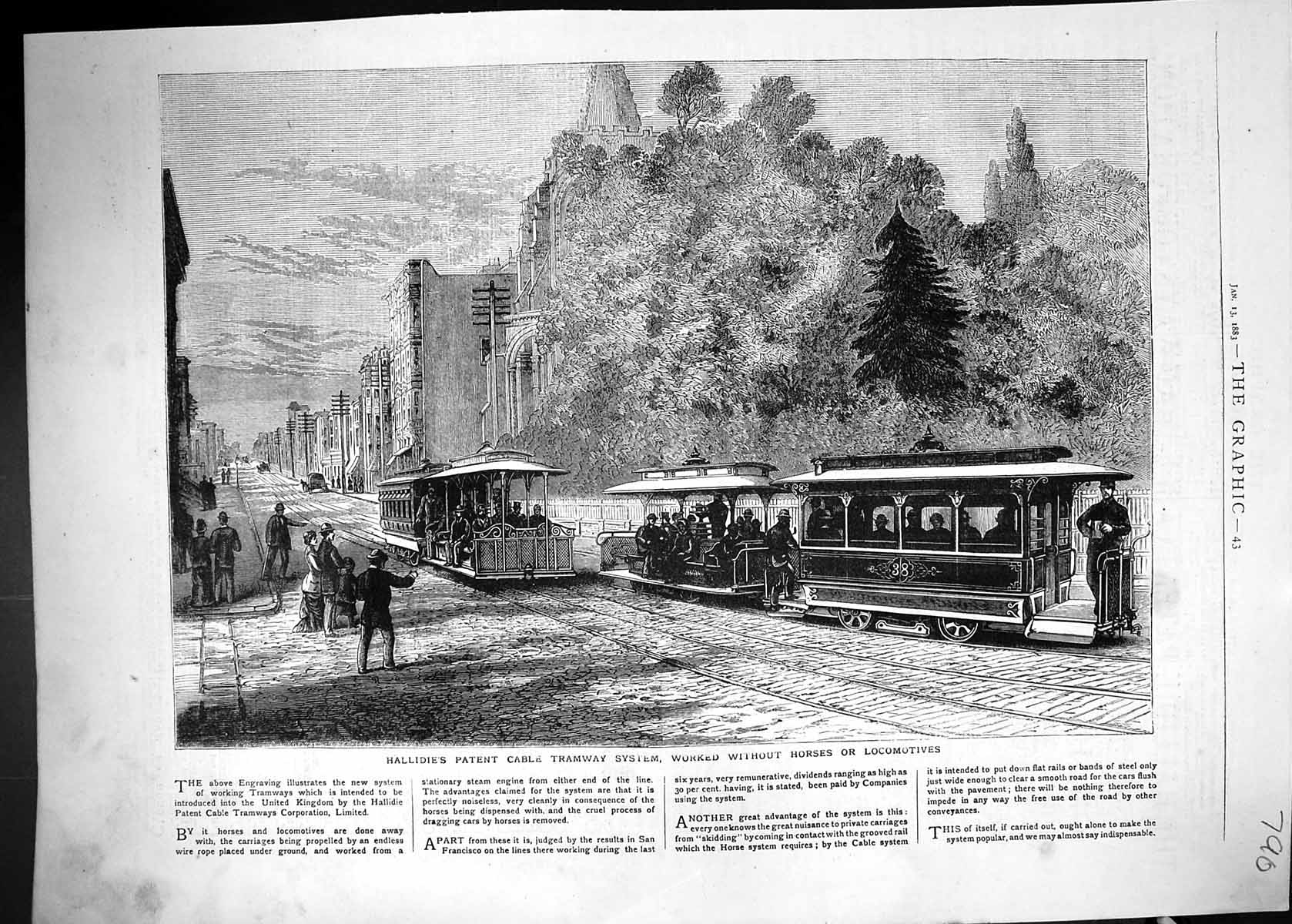 Old Print 1883 Hallidie Patent Cable Tramway Horses Locomotives Transport 19th
