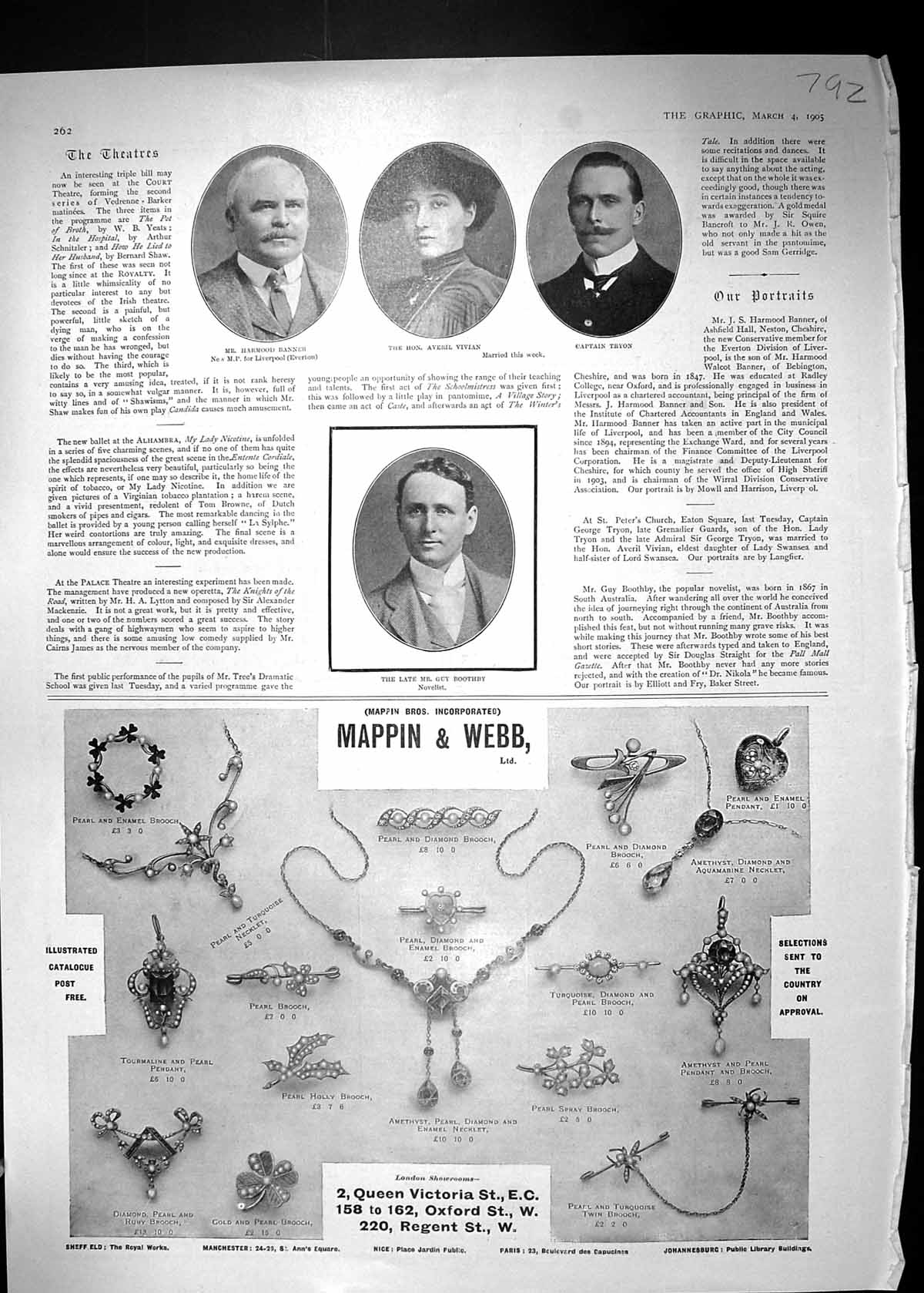 Antique Old Print 1905 Banner Vivian Tryon Boothby Advertisement Mappin Webb