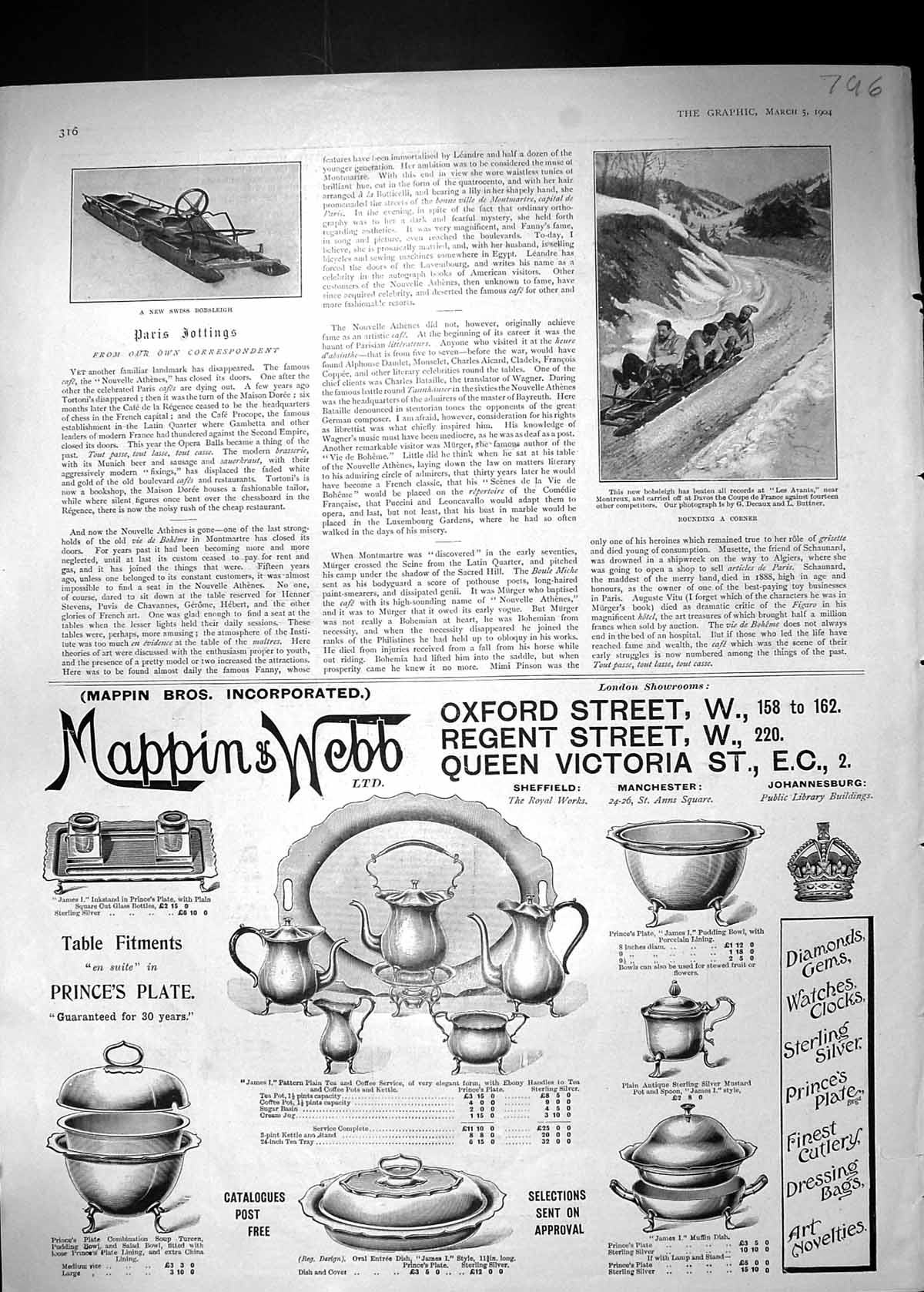 Old 1904 Swiss Bobsleigh Les Avants Montreux Davos Sport Mappin Webb 20th