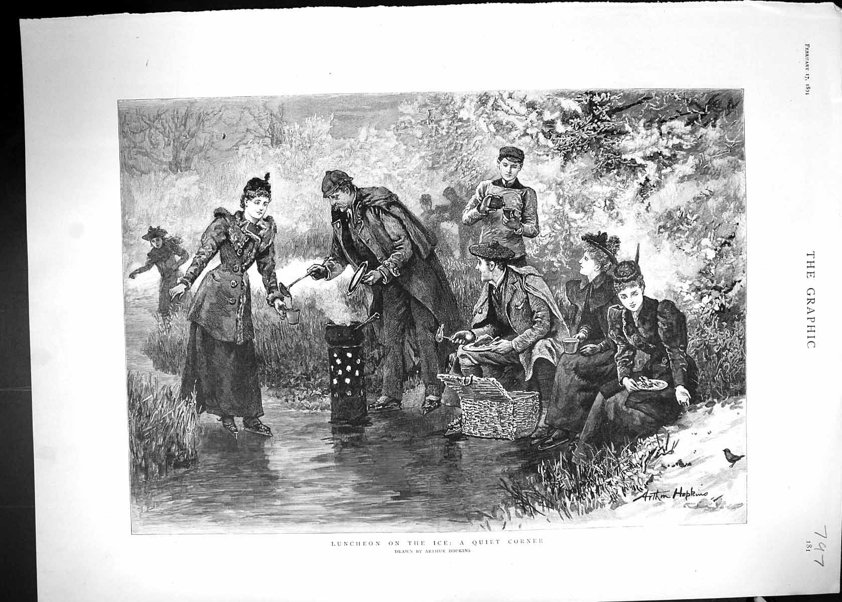 Original Old Antique Print 1894 Luncheon Ice Skating Sport Arthur Hopkins 19th