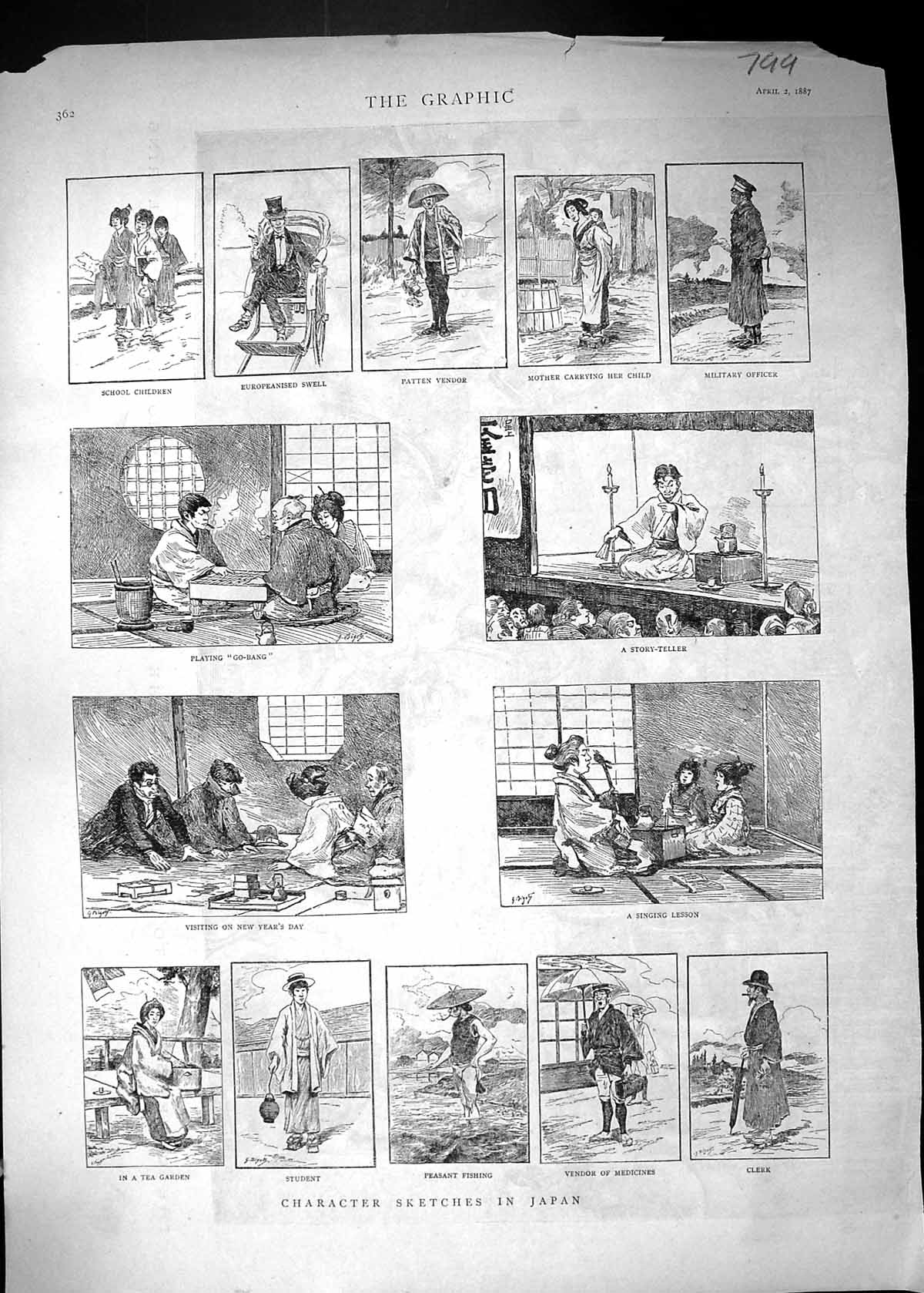 Antique Print 1887 Character Sketches Japan Patten Vendor Military Officer 19th